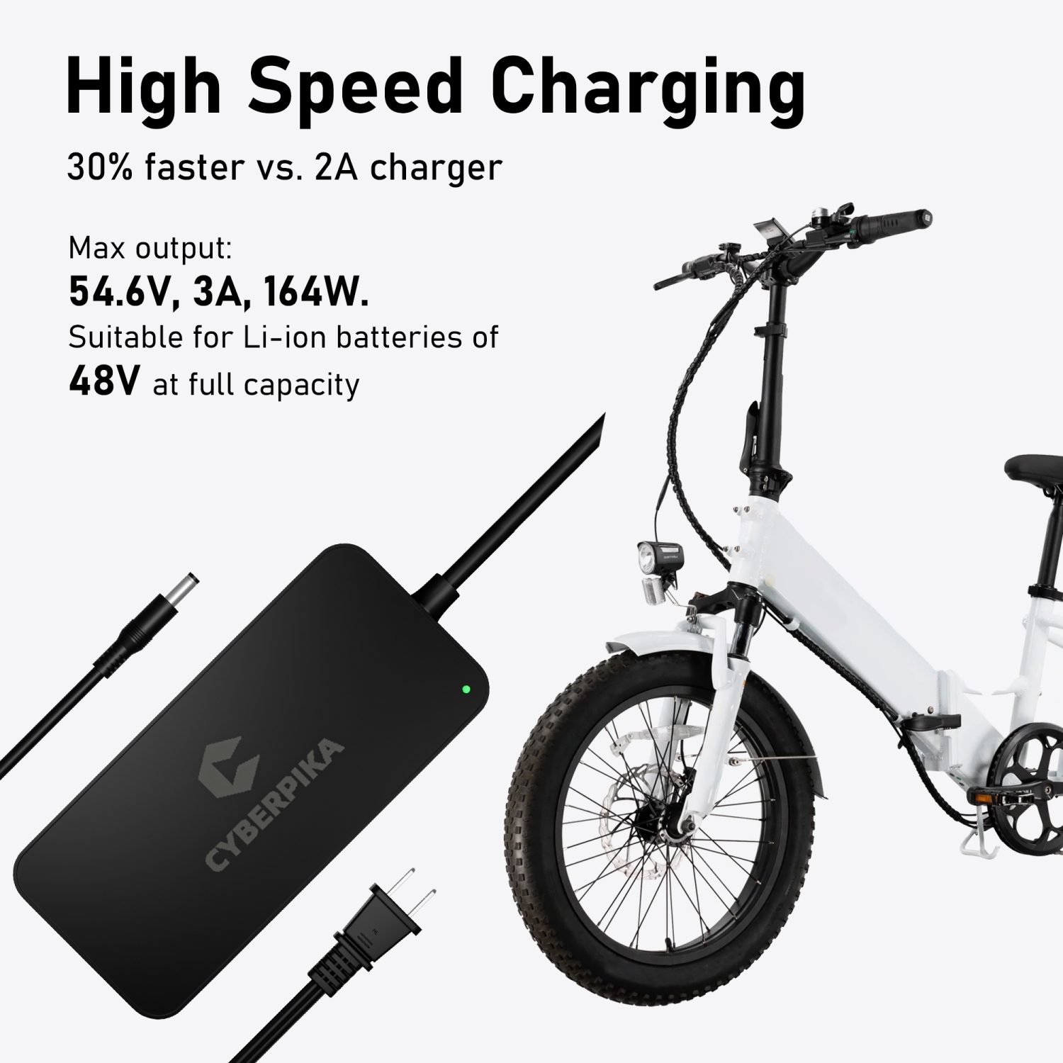Cyberpika Portable eBike Charger – 54.6V 3A Fast Charging for 48V Lithium Batteries – Sleek, Ultra-Compact Design by MIT startup – Enhanced Safety –