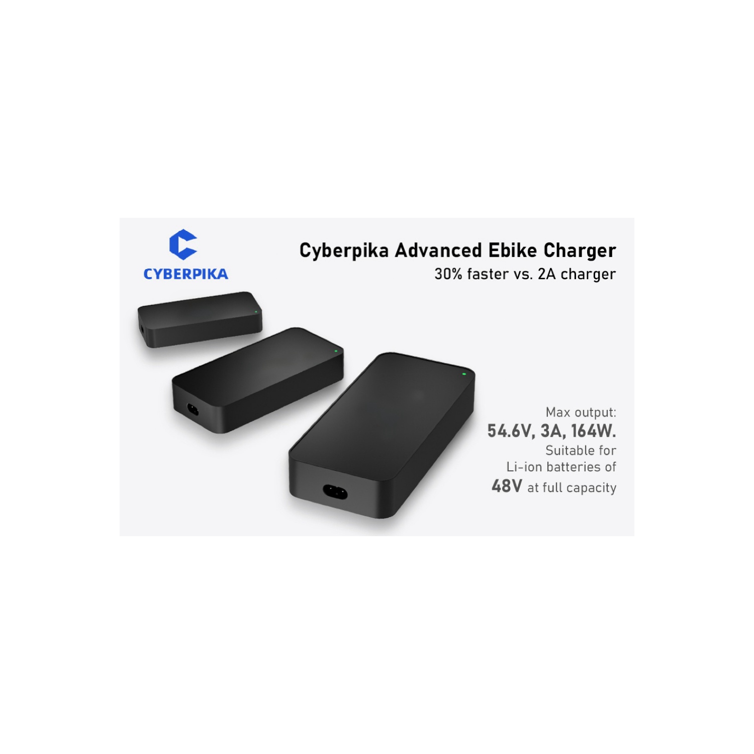 Cyberpika Portable eBike Charger – 54.6V 3A Fast Charging for 48V Lithium Batteries – Sleek, Ultra-Compact Design by MIT startup – Enhanced Safety –