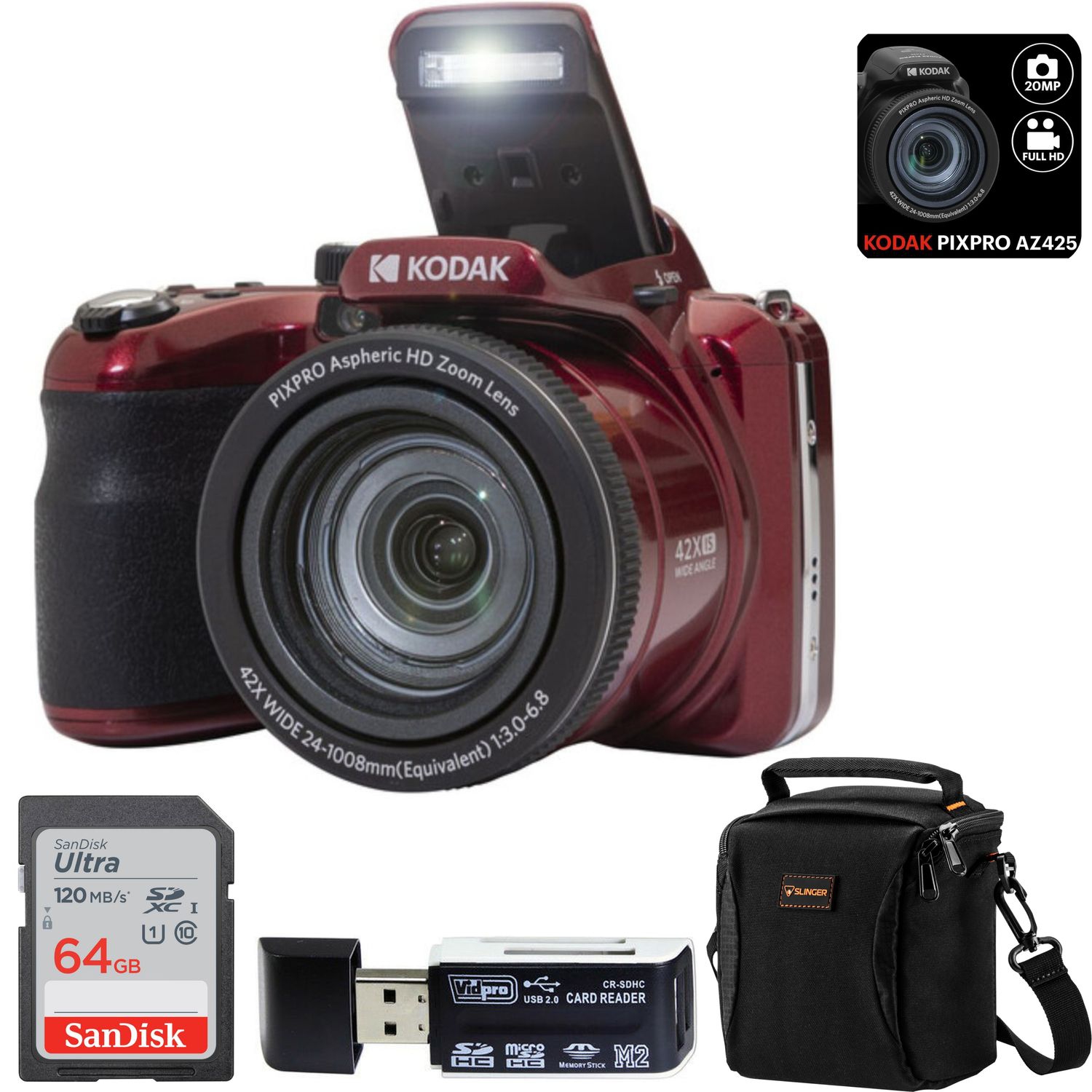 Kodak PIXPRO AZ425 Astro Zoom 20MP Full HD Digital Camera Bundled with SanDisk 64GB Memory Card and Camera Bag. Get a Free SD Card Reader and Custom