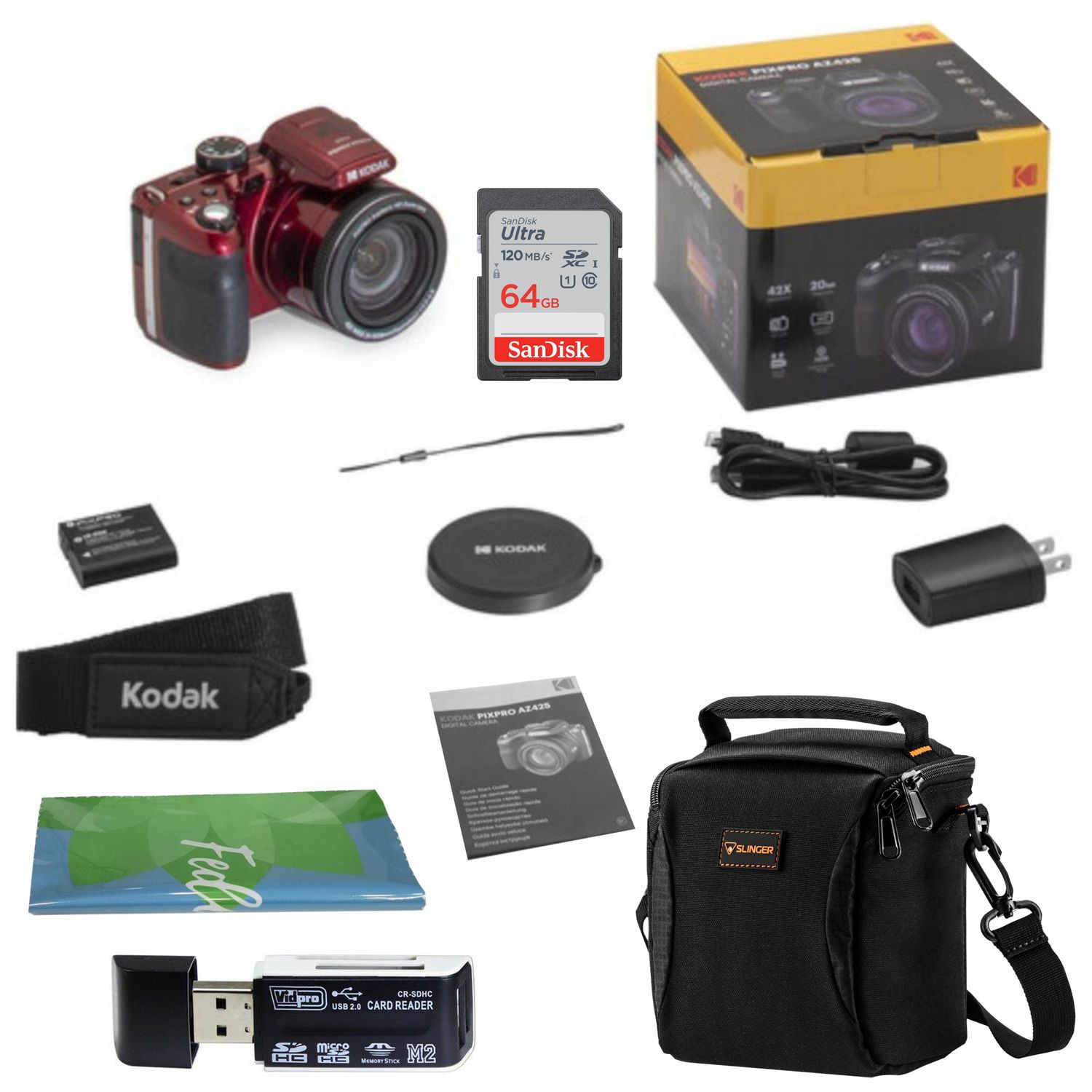 Kodak PIXPRO AZ425 Astro Zoom 20MP Full HD Digital Camera Bundled with SanDisk 64GB Memory Card and Camera Bag. Get a Free SD Card Reader and Custom