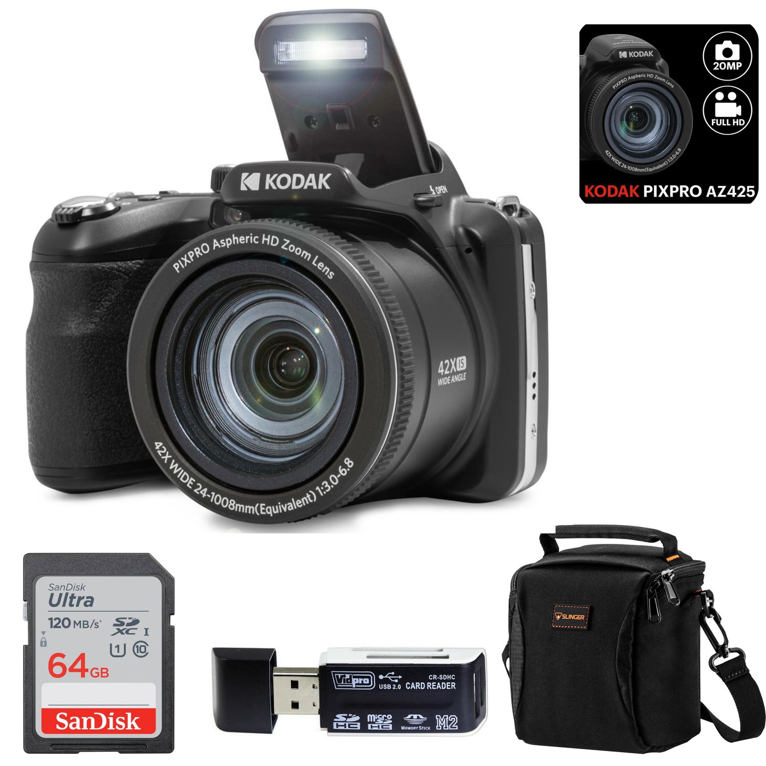 Kodak PIXPRO AZ425 Astro Zoom 20MP Full HD Digital Camera Bundled with SanDisk 64GB Memory Card and Camera Bag. Get a Free SD Card Reader and Custom
