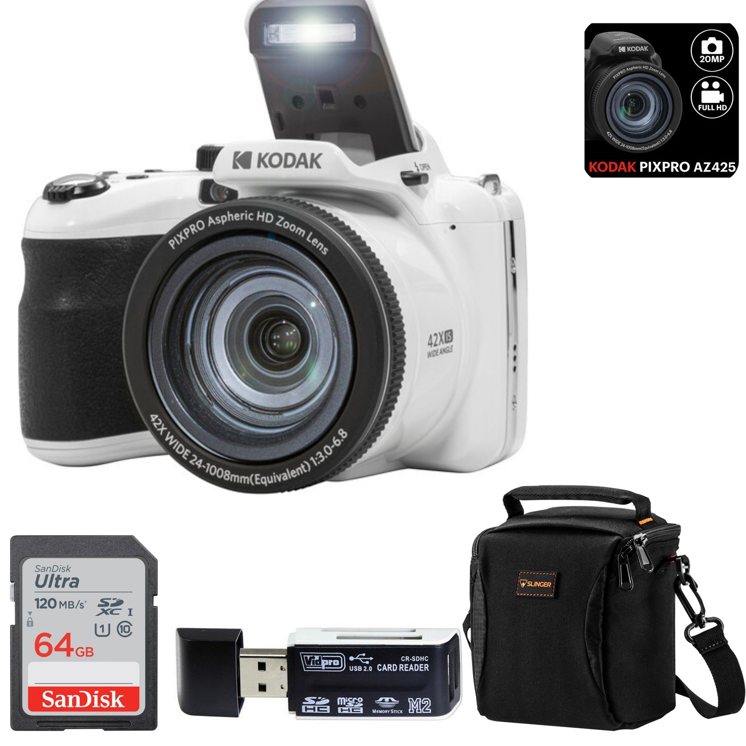 Kodak PIXPRO AZ425 Astro Zoom 20MP Full HD Digital Camera Bundled with SanDisk 64GB Memory Card and Camera Bag. Get a Free SD Card Reader and Custom