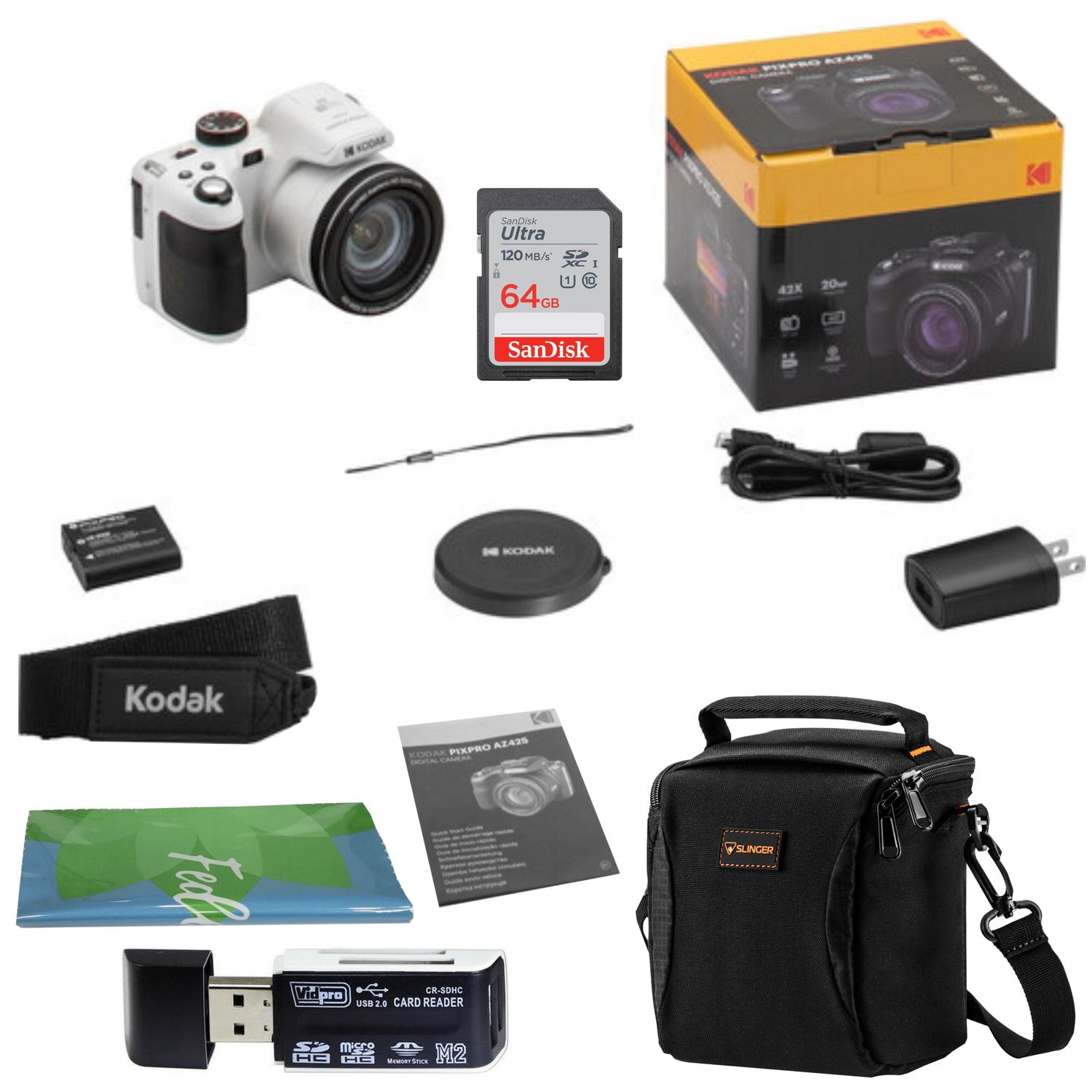 Kodak PIXPRO AZ425 Astro Zoom 20MP Full HD Digital Camera Bundled with SanDisk 64GB Memory Card and Camera Bag. Get a Free SD Card Reader and Custom