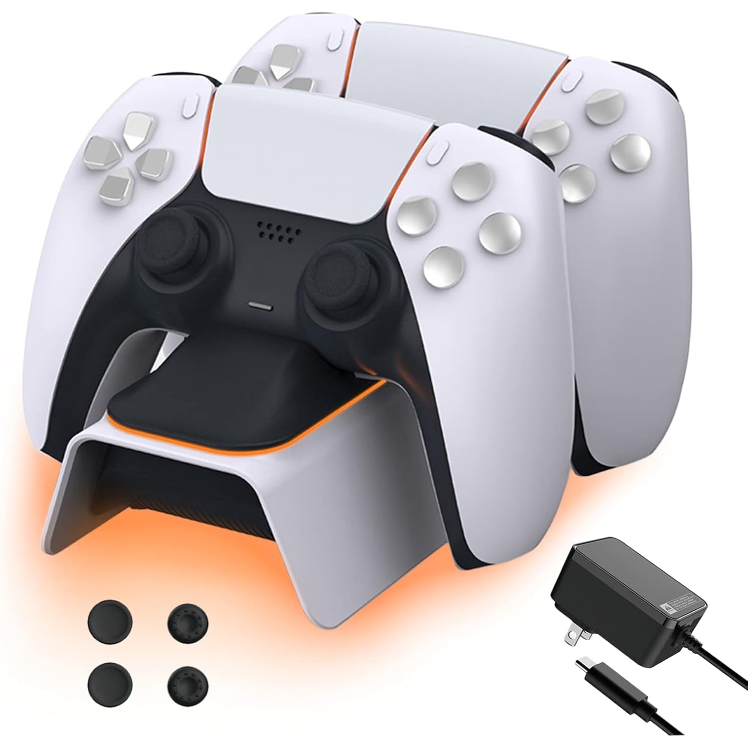 Chargeur de manette PS5 blanc avec ensemble de capuchons antidérapants, adaptateur c.a. à recharge rapide, station de recharge DualSense pour deux