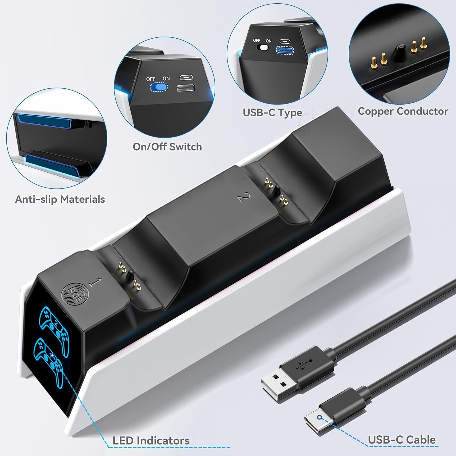 White PS5 Controller Charger Compatible with PlayStation 5 Edge & Dual Controller, PS5 Charging Dock with Charging Cable, PS5 Charger with LED