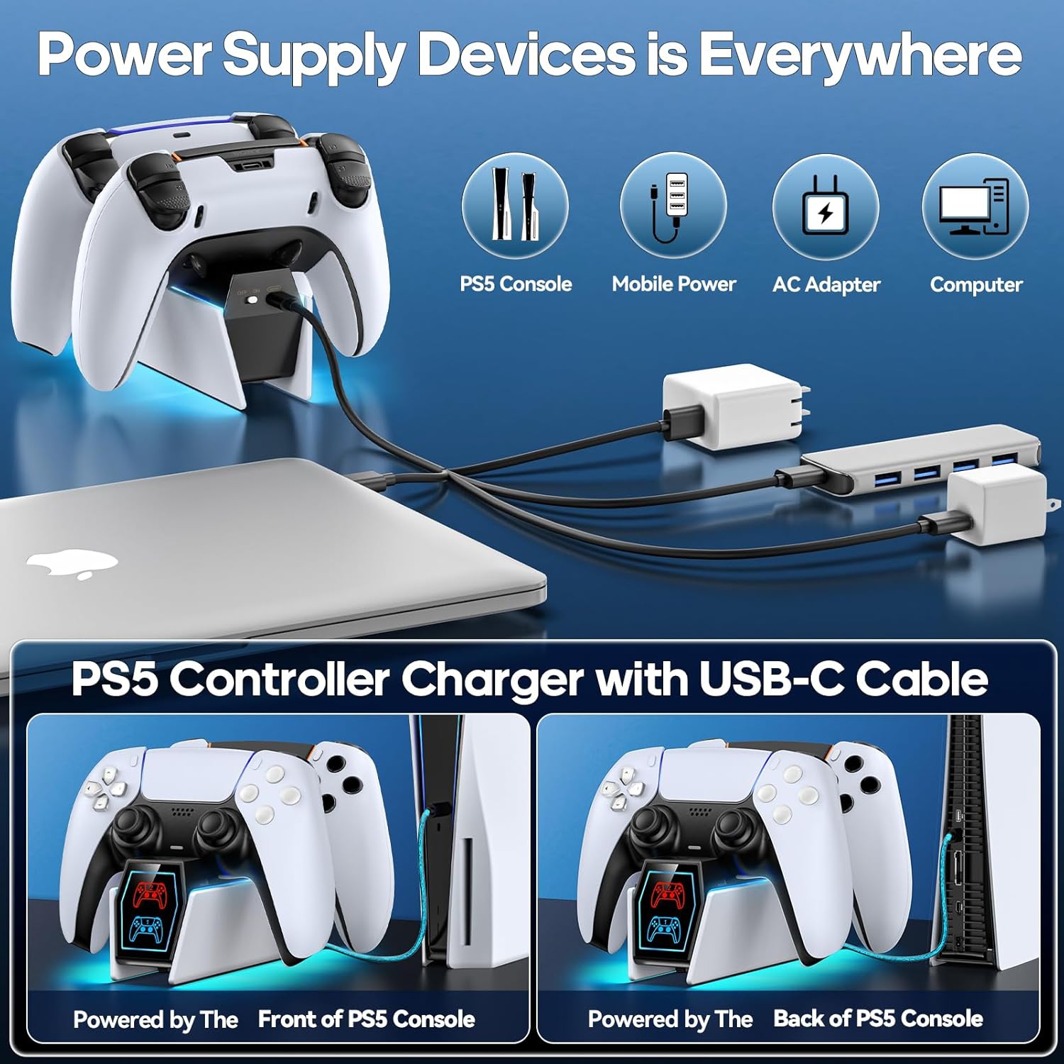 White PS5 Controller Charger Compatible with PlayStation 5 Edge & Dual Controller, PS5 Charging Dock with Charging Cable, PS5 Charger with LED