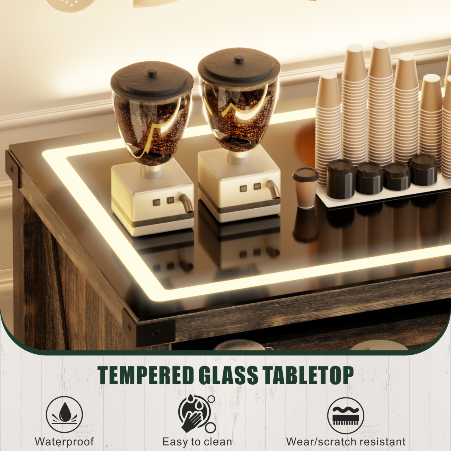 Vlsrka Farmhouse Dresser with LED Light, Sideboard Buffet Cabinet with Charging Station, Coffee Bar Table 2 Drawers Dresser Chests for Bedroom,