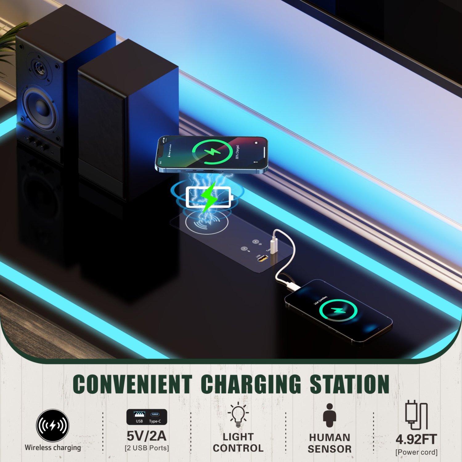 Vlsrka Farmhouse Dresser with LED Light, Sideboard Buffet Cabinet with Charging Station, Coffee Bar Table 2 Drawers Dresser Chests for Bedroom,