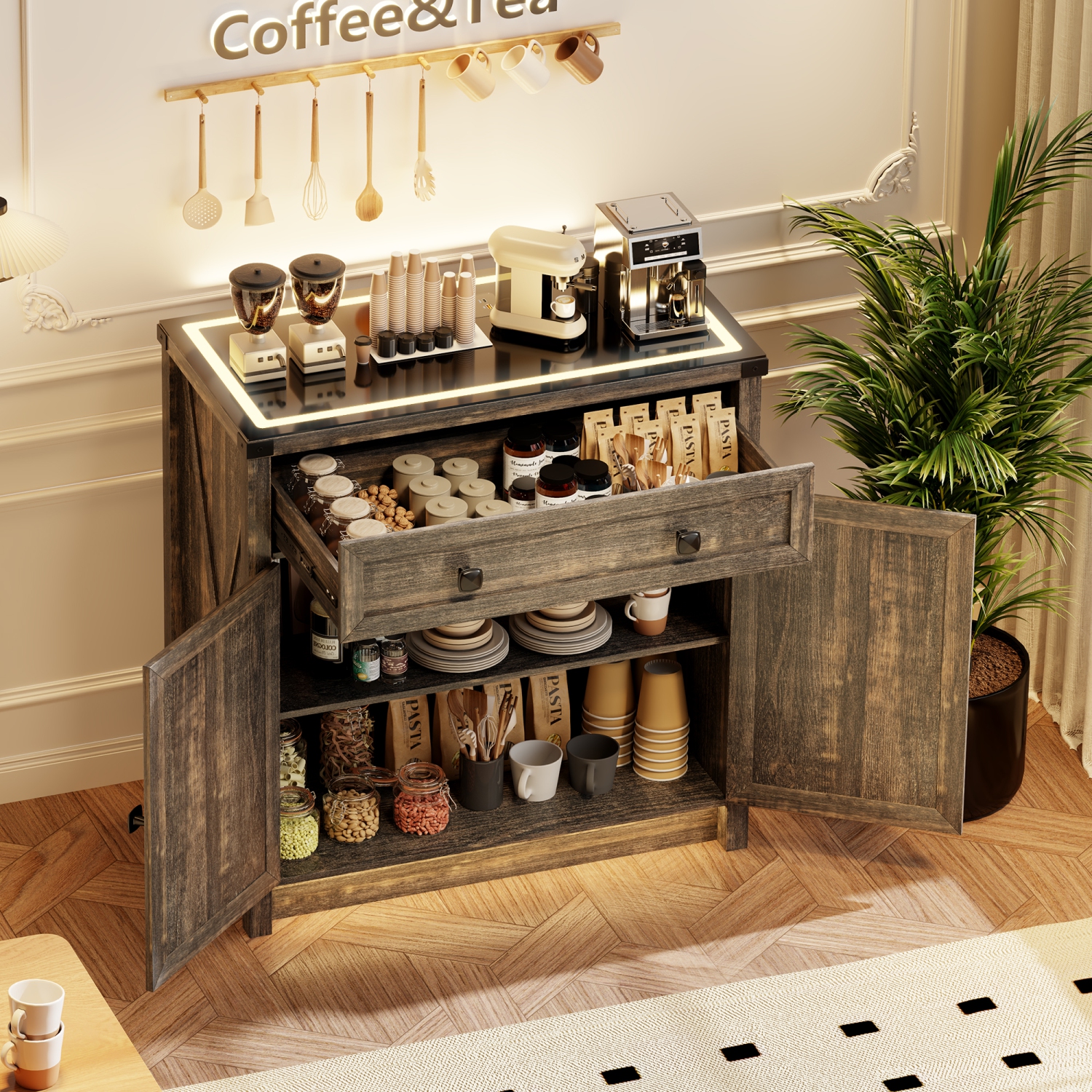 Vlsrka Farmhouse Dresser with LED Light, Sideboard Buffet Cabinet with Charging Station, Coffee Bar Table 2 Drawers Dresser Chests for Bedroom,