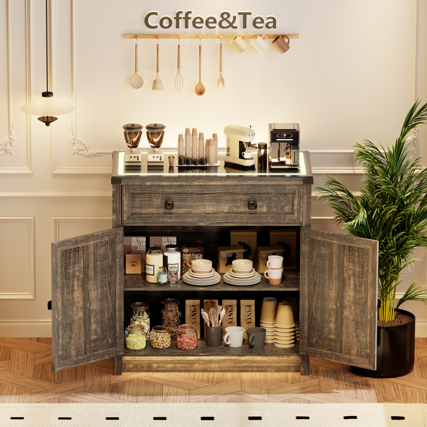 Vlsrka Farmhouse Dresser with LED Light, Sideboard Buffet Cabinet with Charging Station, Coffee Bar Table 2 Drawers Dresser Chests for Bedroom,