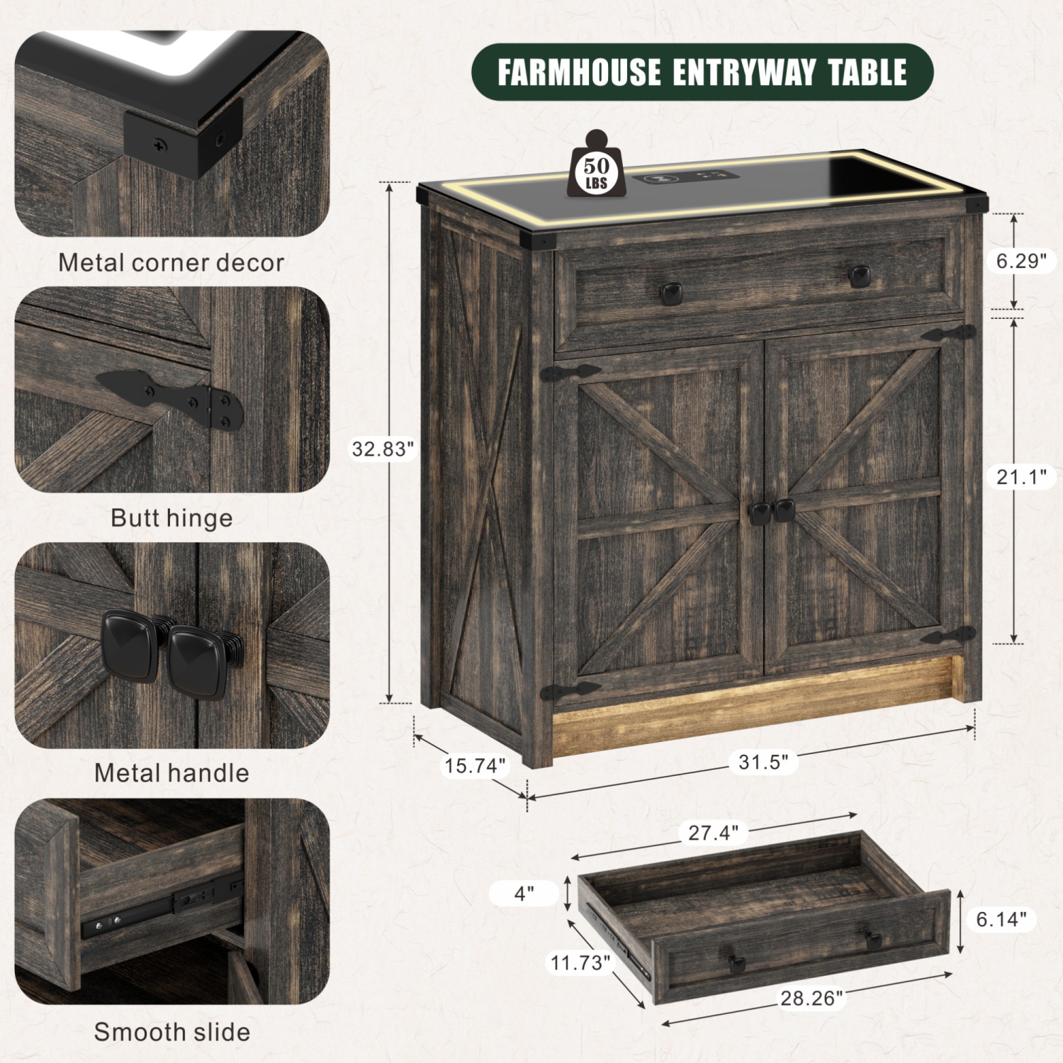 Vlsrka Farmhouse Dresser with LED Light, Sideboard Buffet Cabinet with Charging Station, Coffee Bar Table 2 Drawers Dresser Chests for Bedroom,