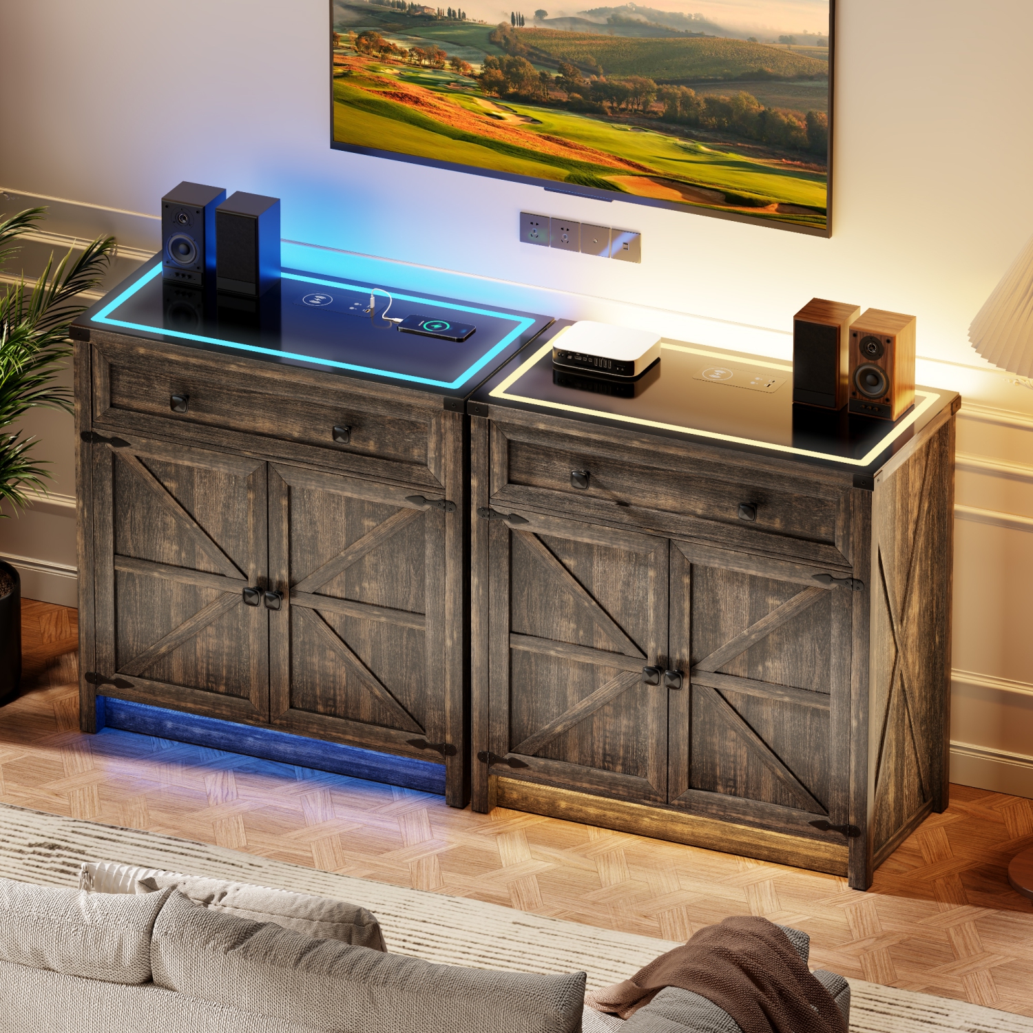 Vlsrka Farmhouse Dresser with LED Light, Sideboard Buffet Cabinet with Charging Station, Coffee Bar Table 2 Drawers Dresser Chests for Bedroom,