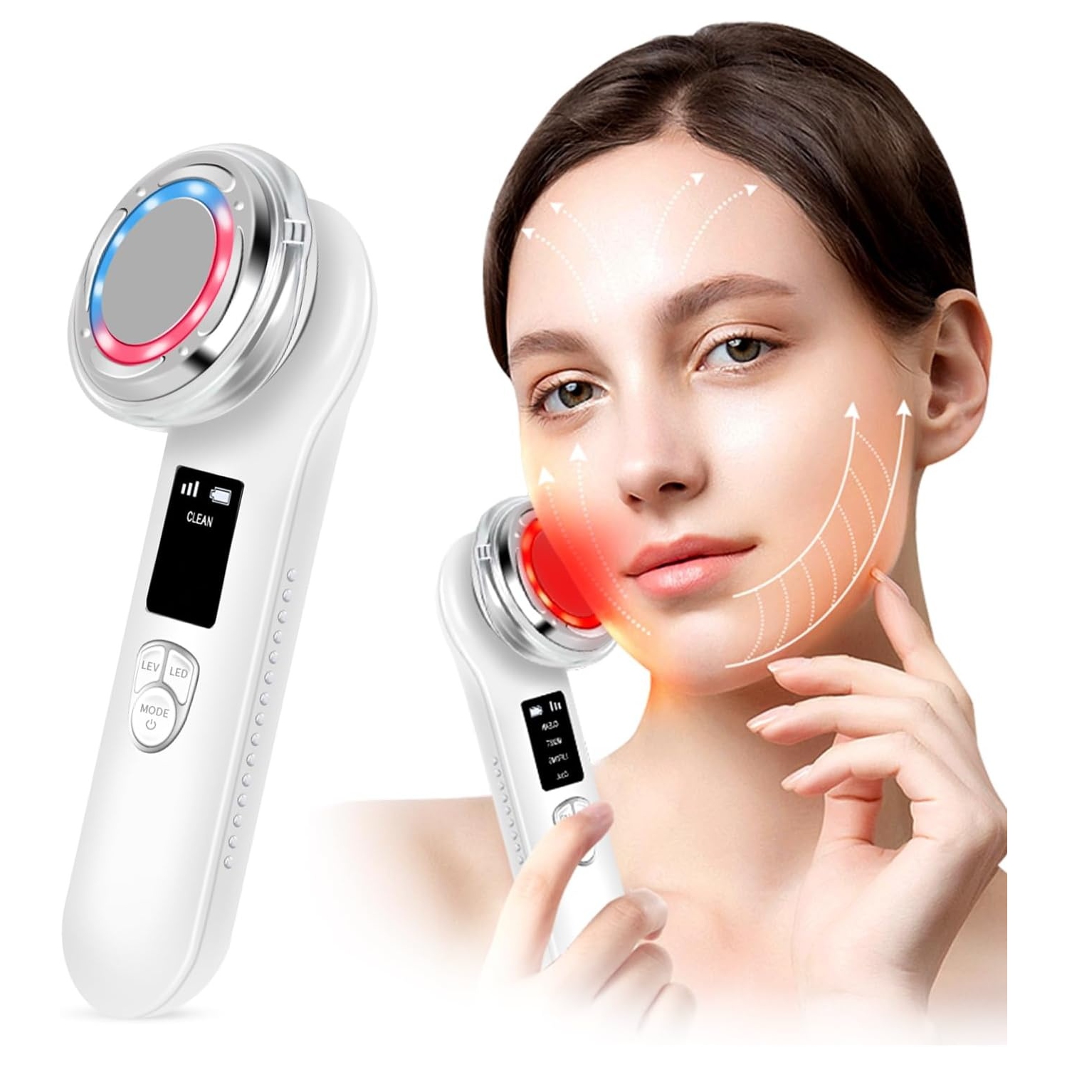 Red Light Therapy Beauty Device for Face Neck Wrinkles,Anti-Aging Facial Beauty Instrument,Cold & Warm Clean Skin Care Tool-White