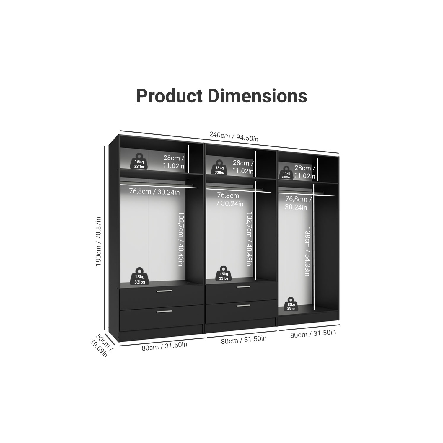 Ensemble garde-robe à 6 portes et 4 tiroirs Armoire garde-robe Armoire pour chambre à coucher avec tablettes et espace suspendu Meuble de rangement