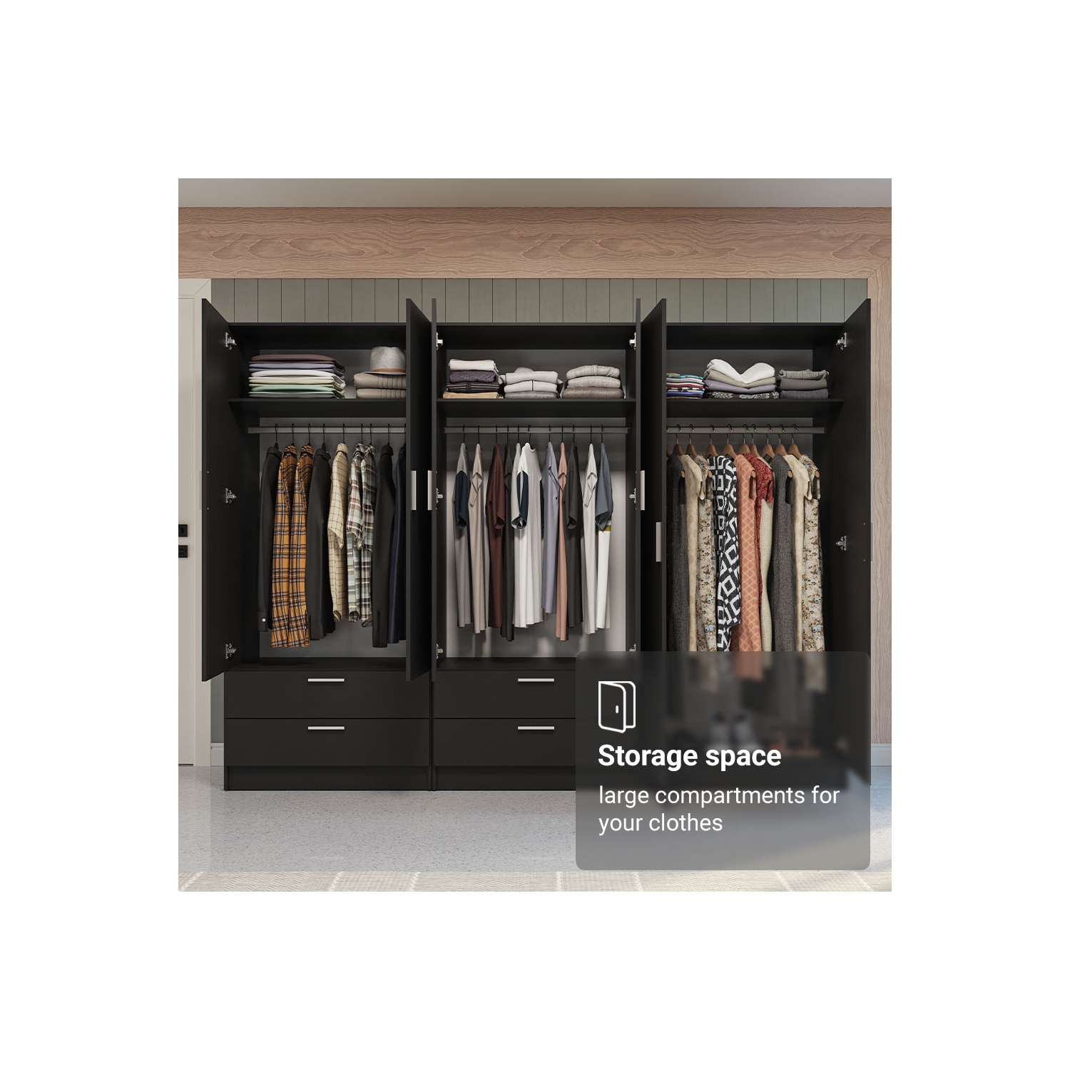 Ensemble garde-robe à 6 portes et 4 tiroirs Armoire garde-robe Armoire pour chambre à coucher avec tablettes et espace suspendu Meuble de rangement