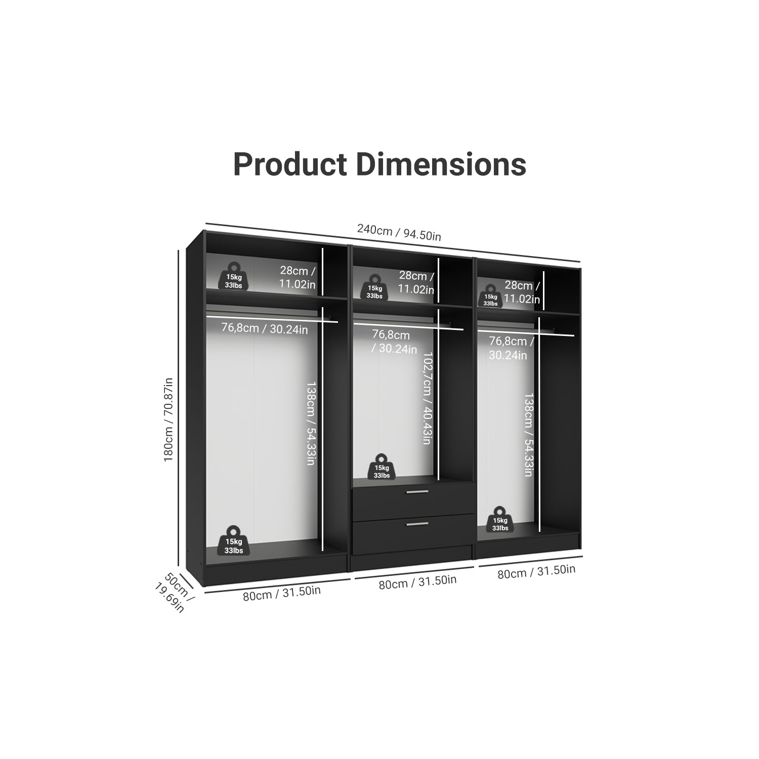 Ensemble garde-robe à 6 portes et 2 tiroirs Armoire garde-robe Armoire pour chambre à coucher avec tablettes et espace suspendu Meuble de rangement