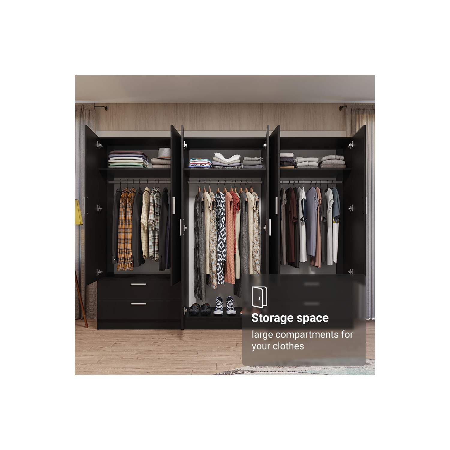 Ensemble garde-robe à 6 portes et 4 tiroirs Armoire garde-robe Armoire pour chambre à coucher avec tablettes et espace suspendu Meuble de rangement