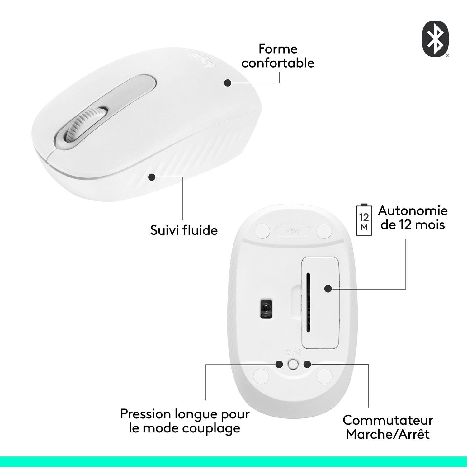 Souris optique Bluetooth de 1000 ppp M196 de Logitech - Blanc cassé