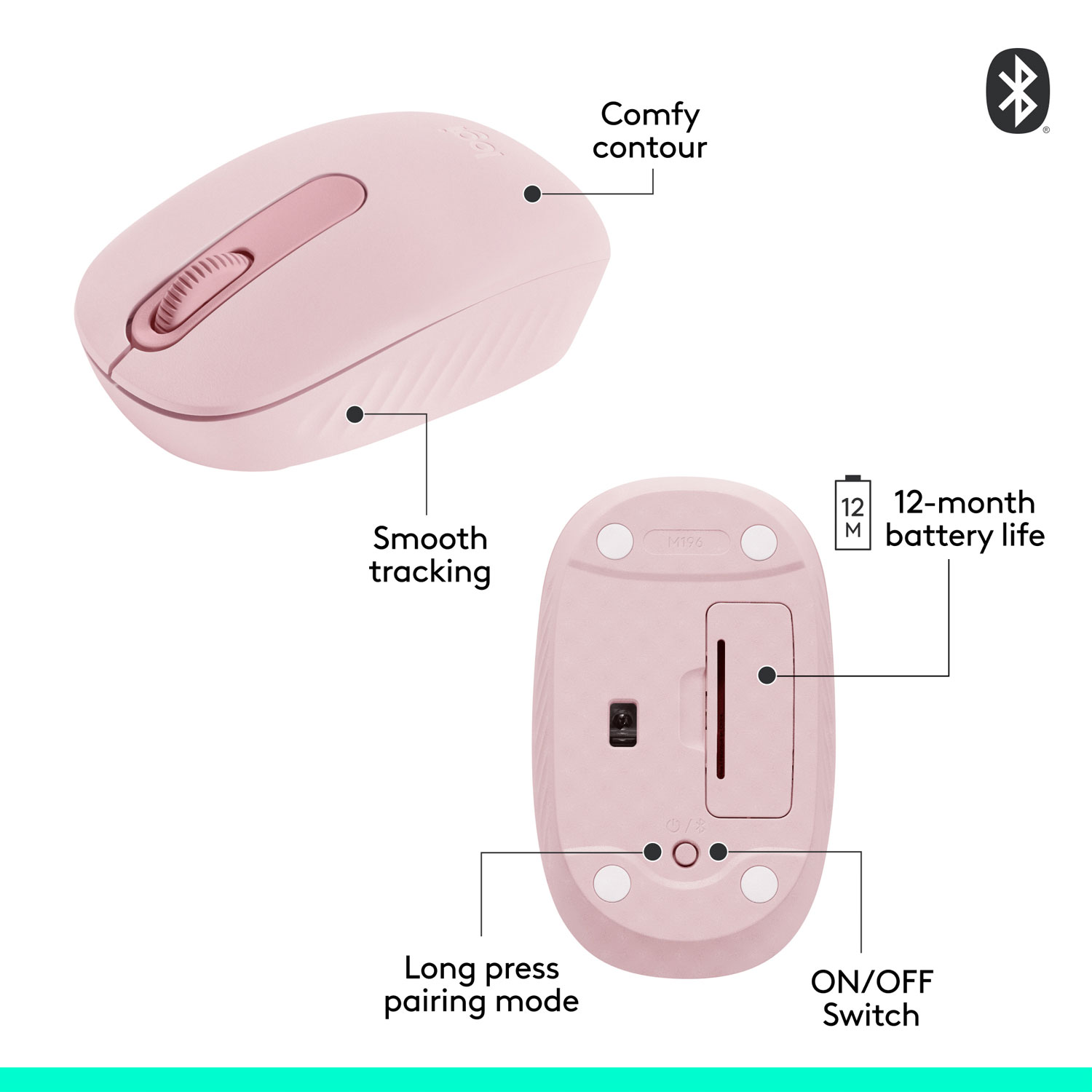 Souris optique Bluetooth de 1000 ppp M196 de Logitech - Rose