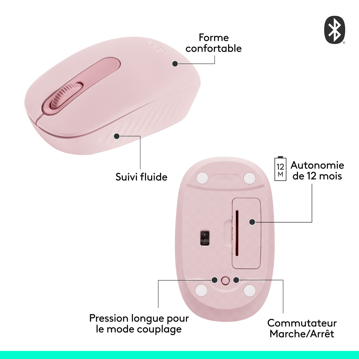 Souris optique Bluetooth de 1000 ppp M196 de Logitech - Rose