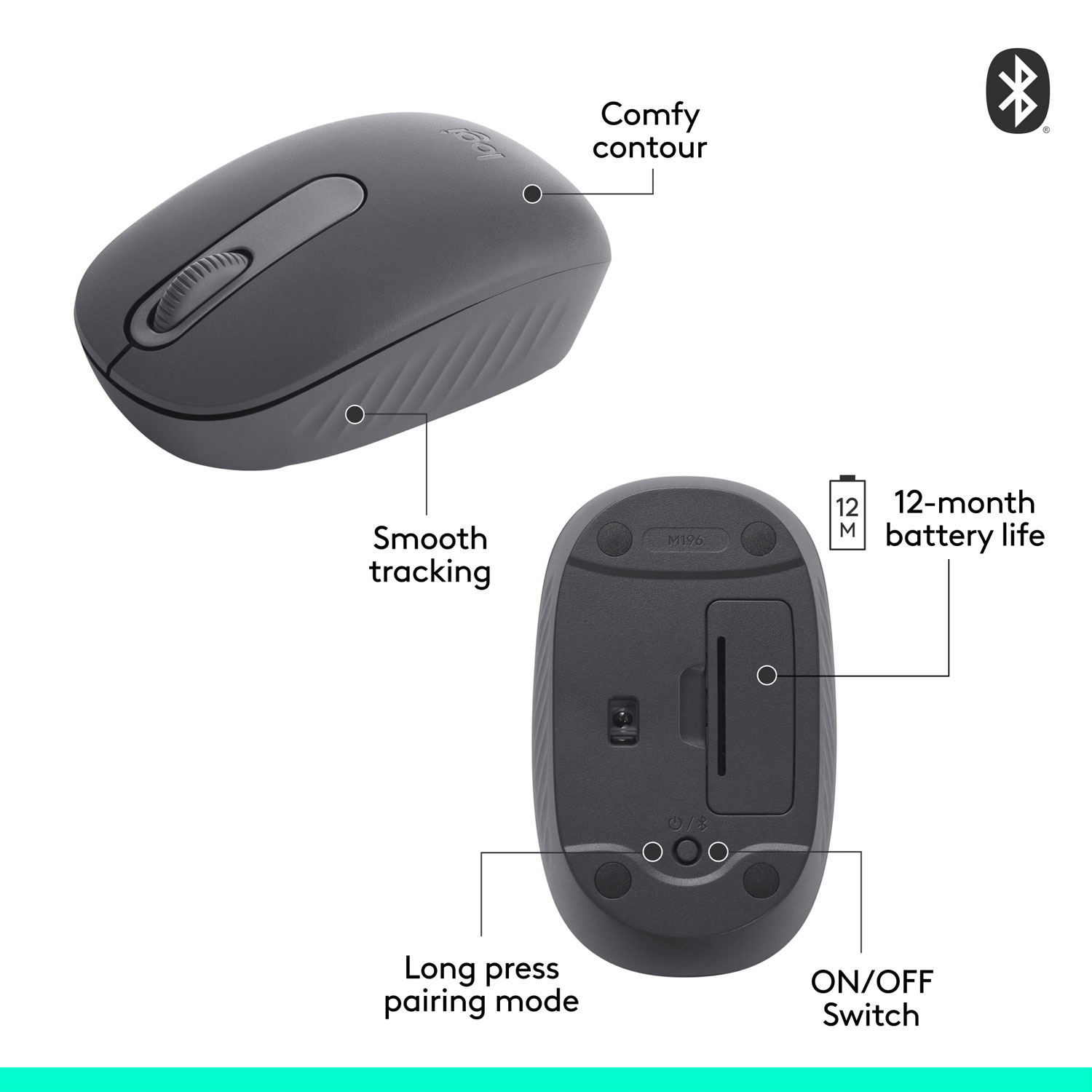 Logitech M196 1000 DPI Bluetooth Optical Mouse - Graphite