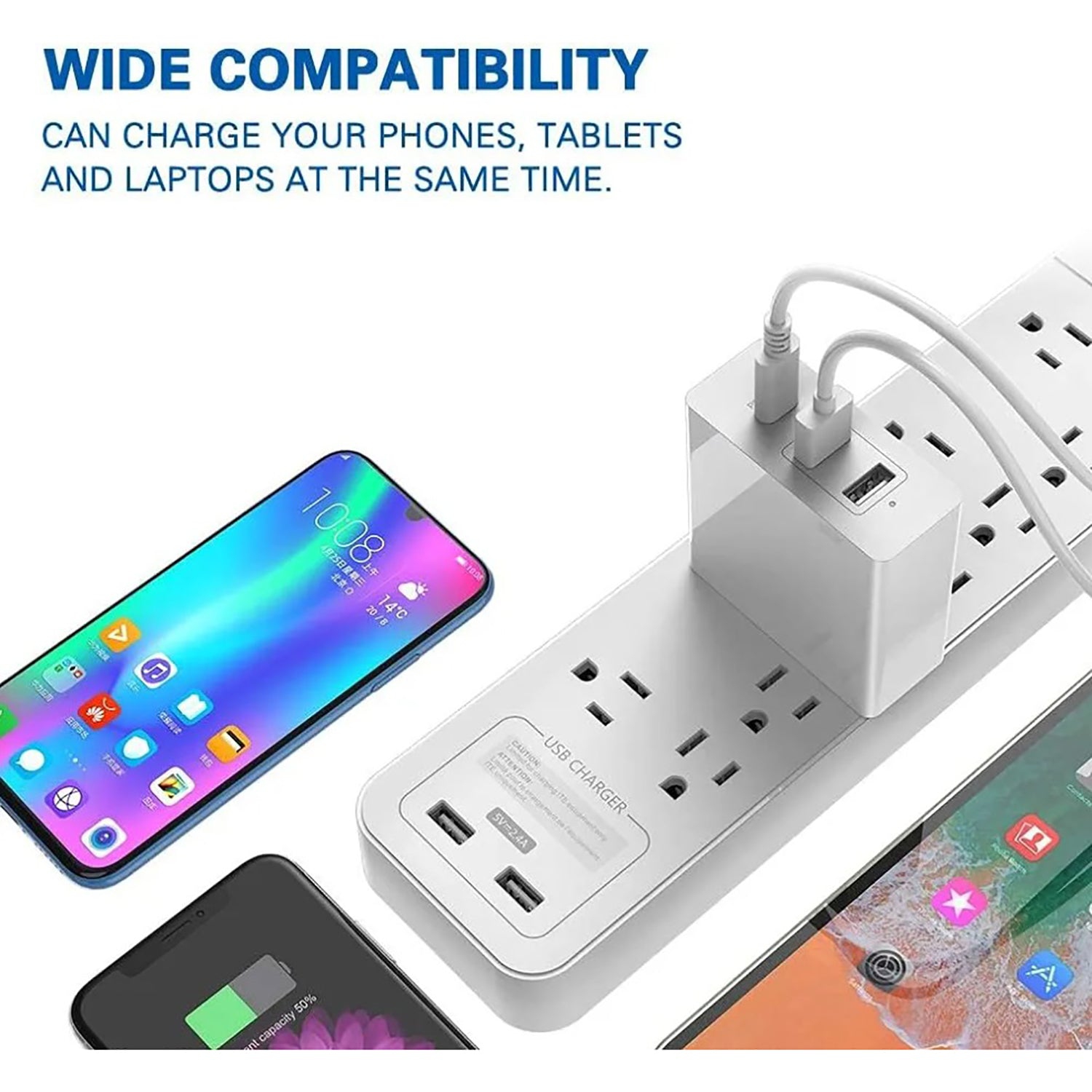 HuntKey - Chargeur mural 1 prise USB-C et 2 prises USB-A avec câble 1,8&nbsp;m, blanc