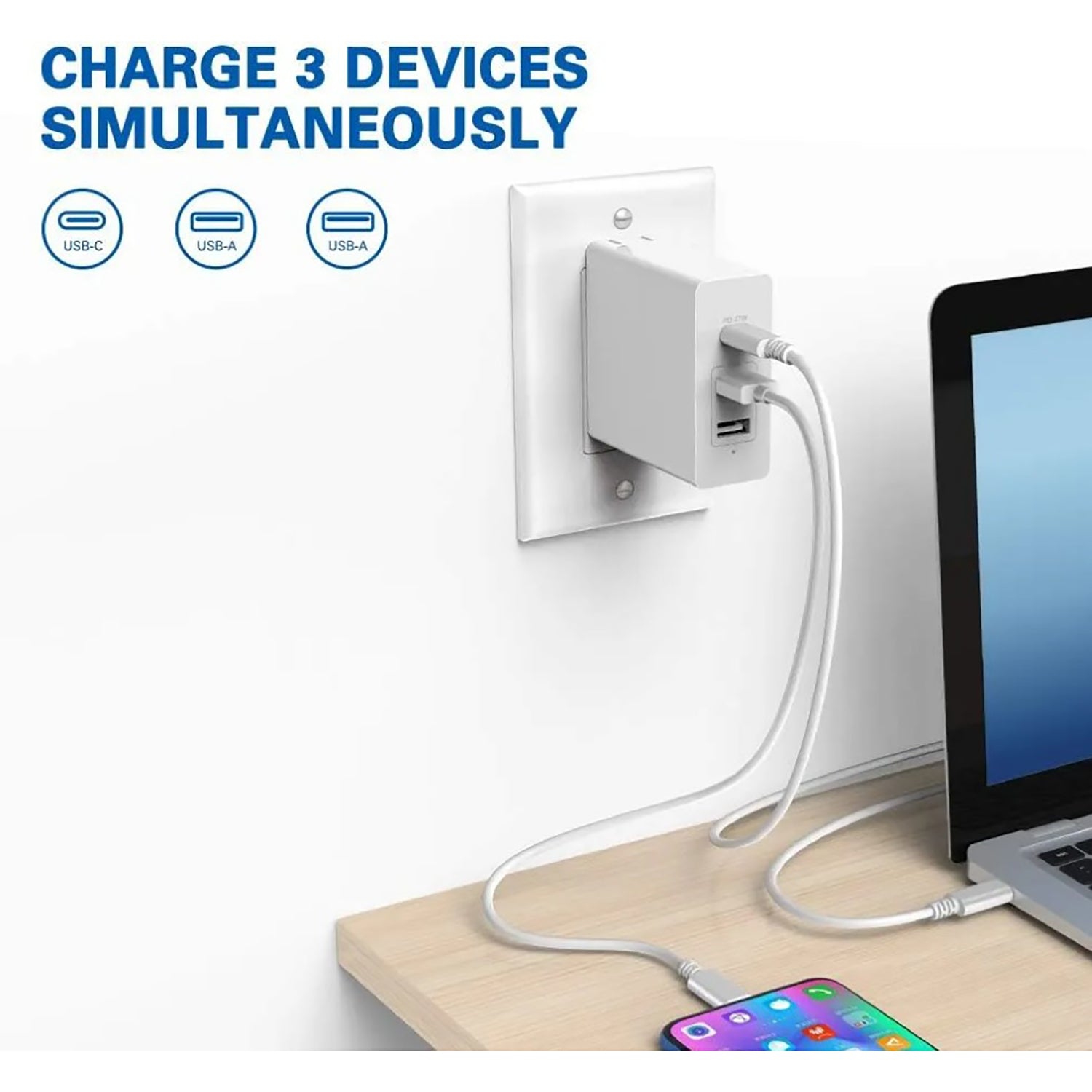 HuntKey - Chargeur mural 1 prise USB-C et 2 prises USB-A avec câble 1,8&nbsp;m, blanc