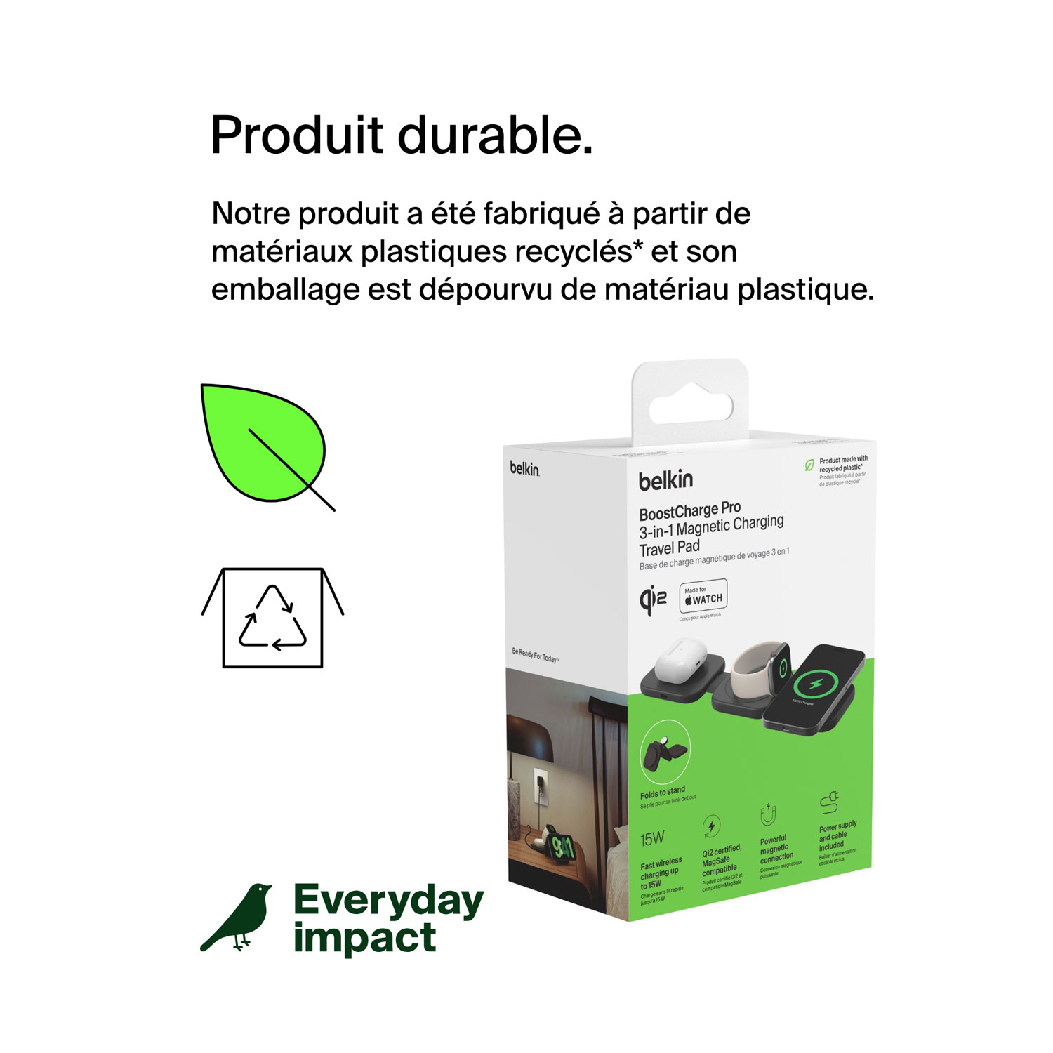 Tapis de chargement de voyage sans fil 3-en-1 Qi2 de 15 W de Belkin avec sac de transport - Noir