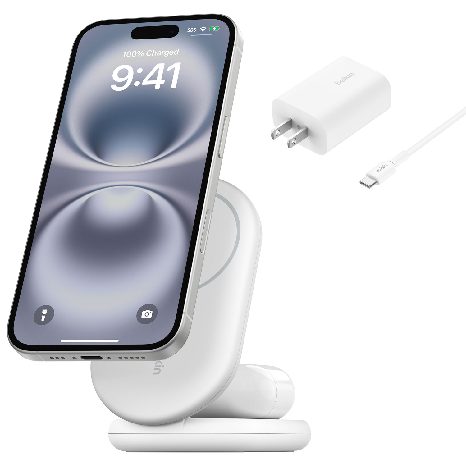 Support de chargement sans fil repliable 2-en-1 Qi2 de 15 W de Belkin - Blanc