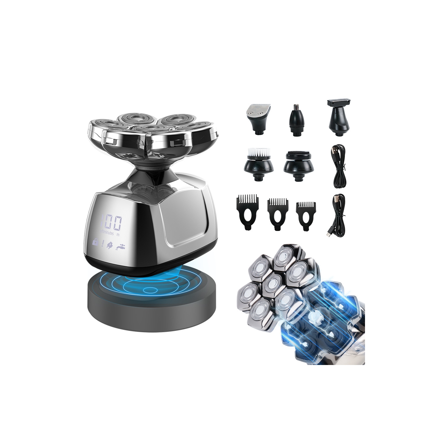 Tondeuse à barbe multifonctionnelle pour hommes rasoir électrique avec tondeuse pour poils de nez Trousse de toilette étanche pour hommes - Argenté