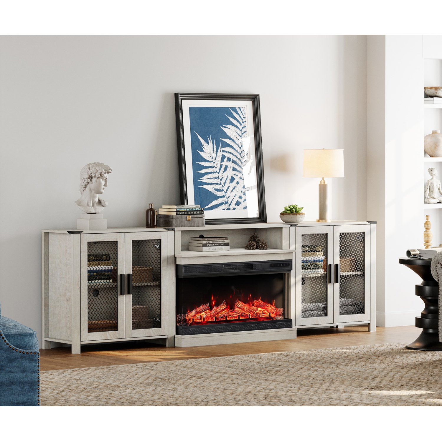 WAMPAT Fireplace 3 in 1 TV Stand Set for 100 inch TV, Farmhouse Entertainment Center with 4 Mesh Door and Open Storage Shelves, Wood Media TV Console