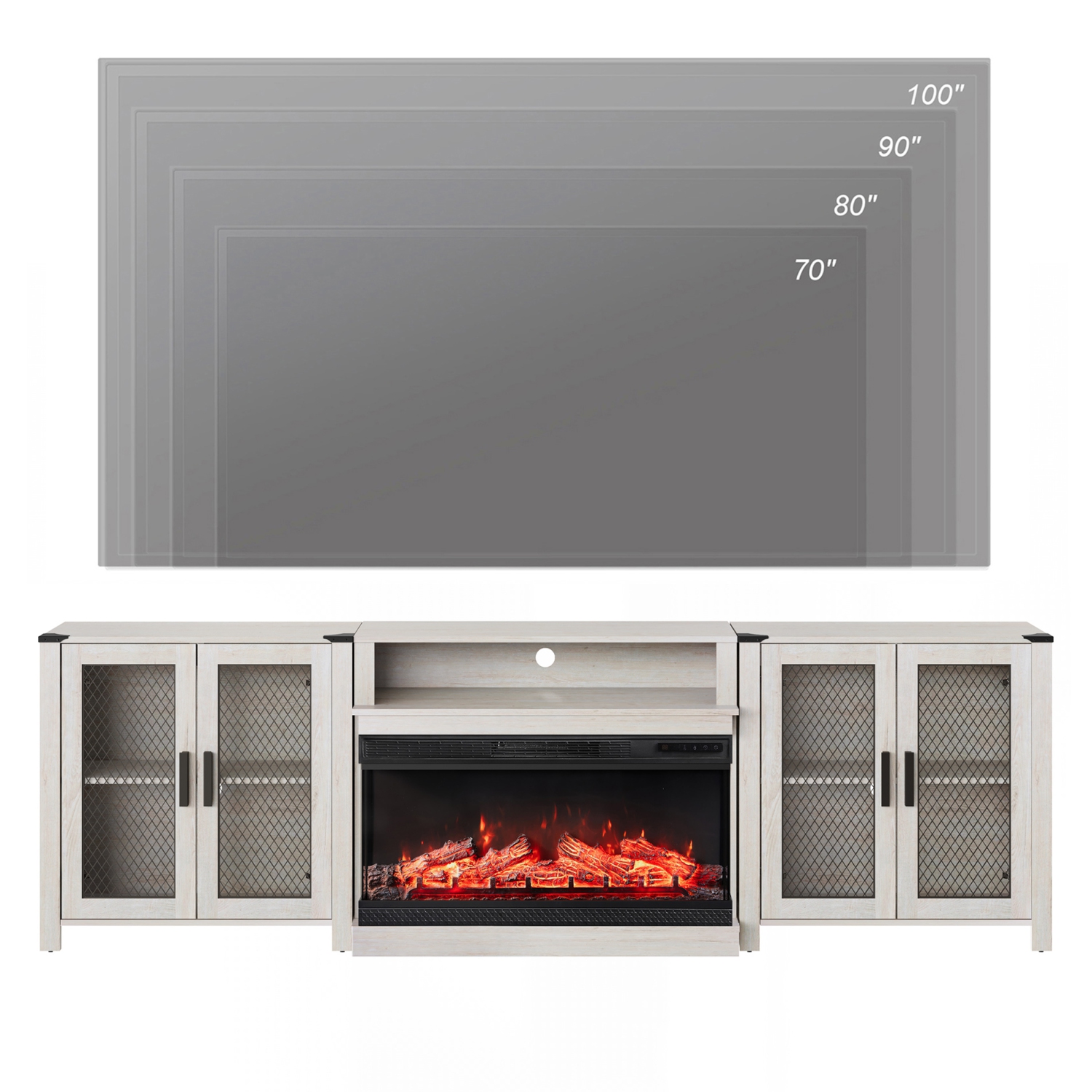 WAMPAT Fireplace 3 in 1 TV Stand Set for 100 inch TV, Farmhouse Entertainment Center with 4 Mesh Door and Open Storage Shelves, Wood Media TV Console