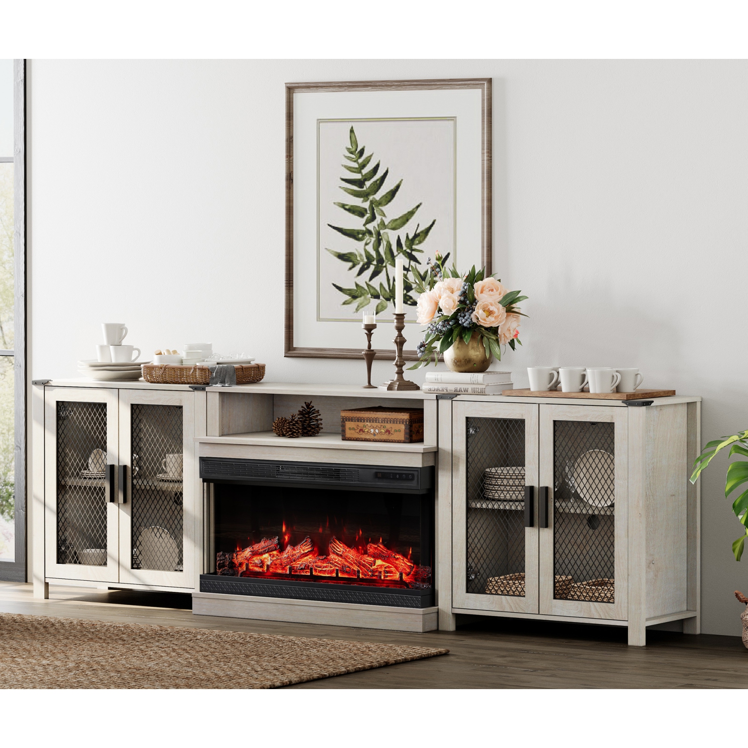 WAMPAT Fireplace 3 in 1 TV Stand Set for 100 inch TV, Farmhouse Entertainment Center with 4 Mesh Door and Open Storage Shelves, Wood Media TV Console