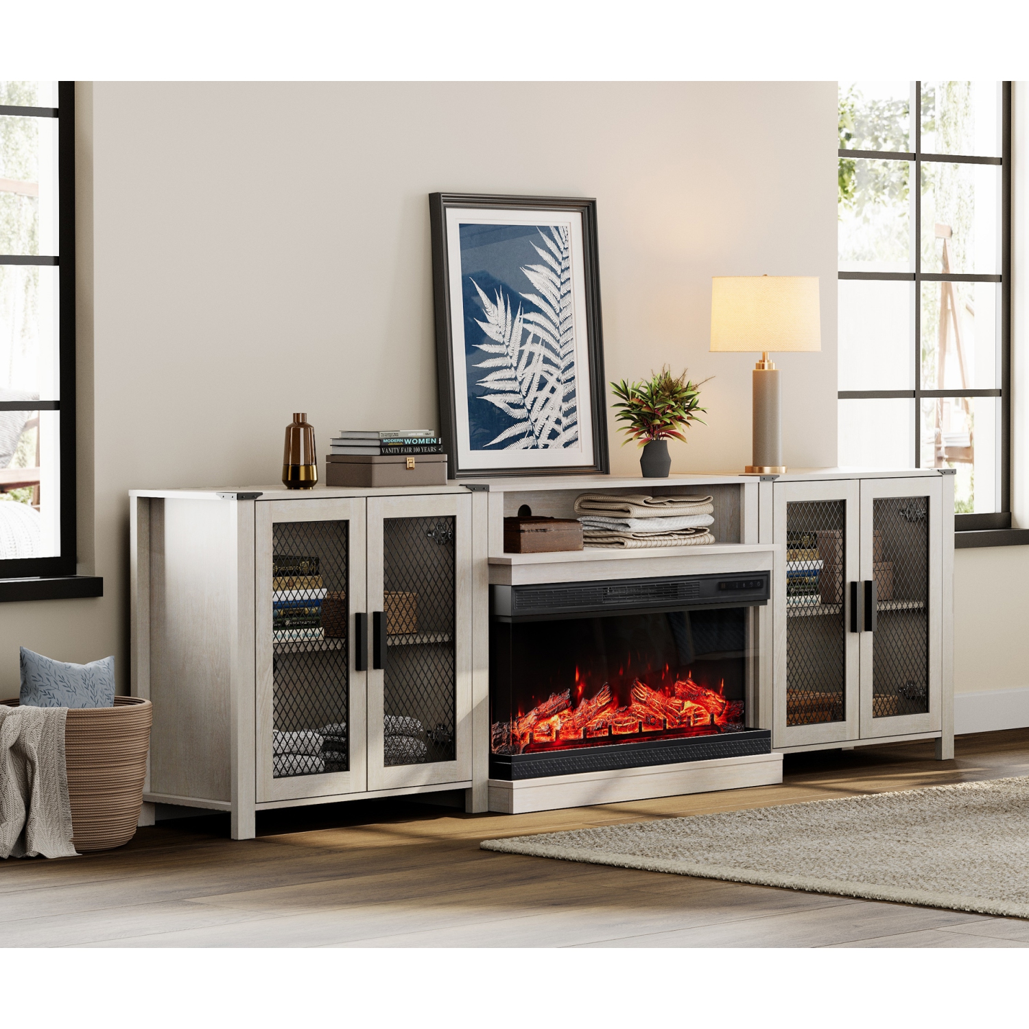 WAMPAT Fireplace 3 in 1 TV Stand Set for 100 inch TV, Farmhouse Entertainment Center with 4 Mesh Door and Open Storage Shelves, Wood Media TV Console