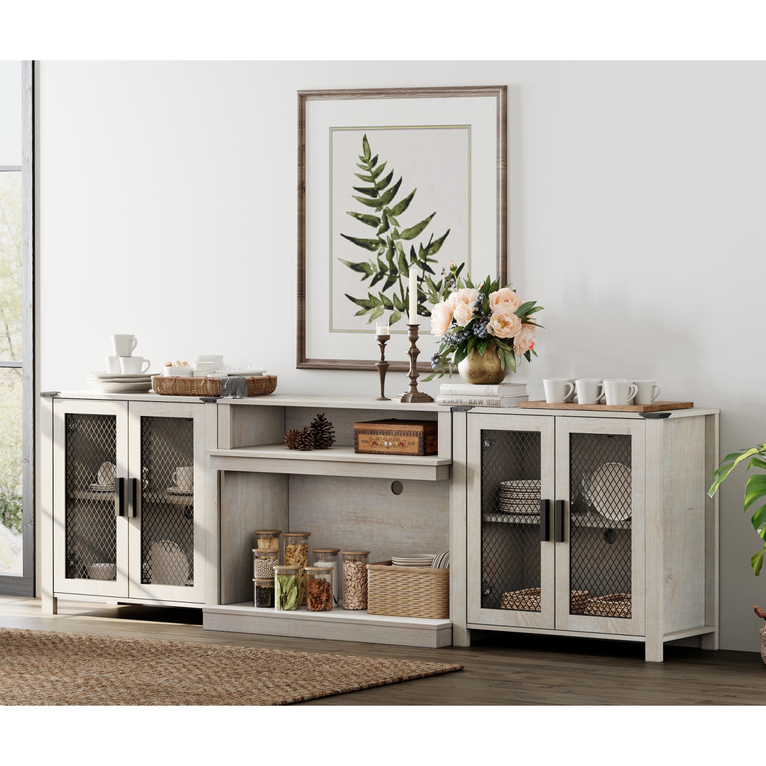 WAMPAT 2 in 1 TV Stand Set for 100 inch TV,Farmhouse Entertainment Center with 4 Mesh Door and Open Storage Shelves,Wood Media TV Console Table for