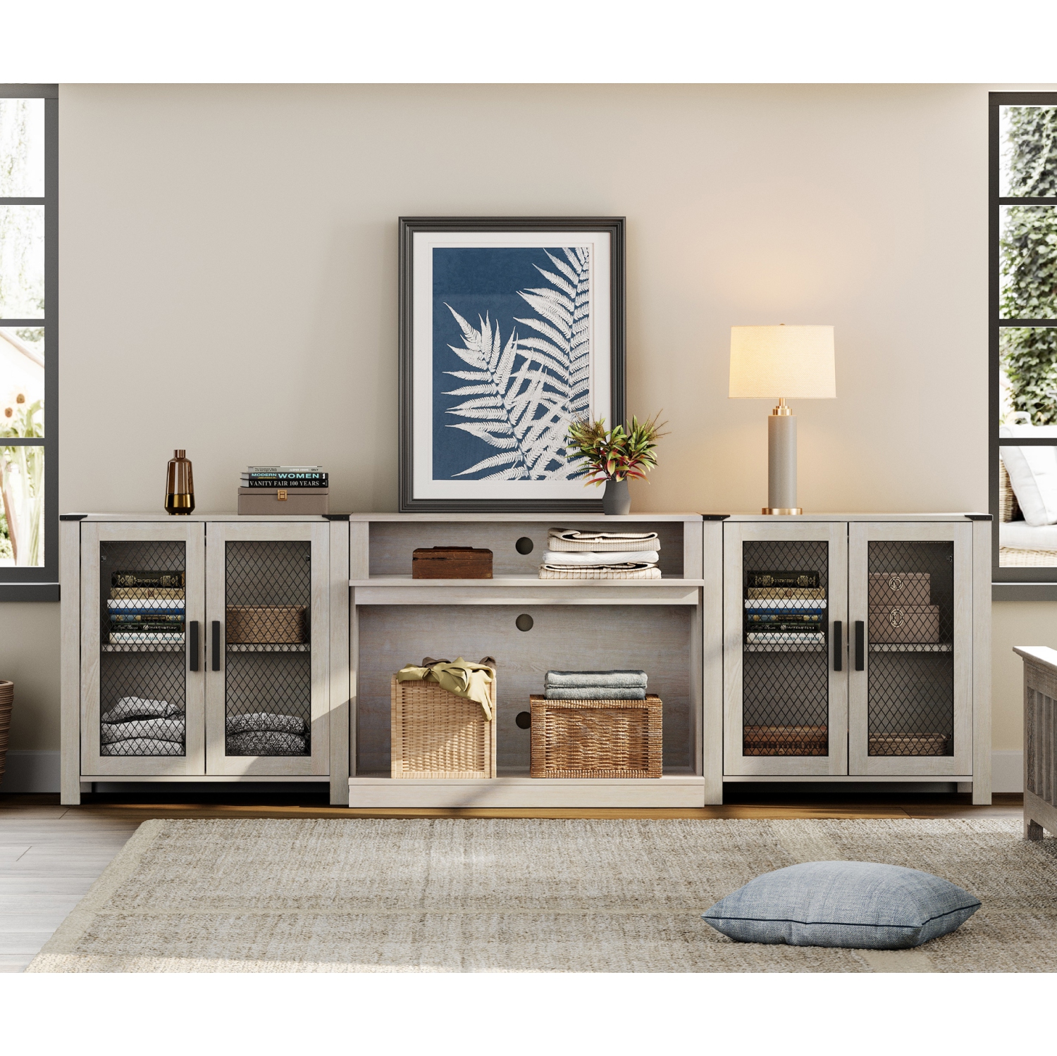 WAMPAT 2 in 1 TV Stand Set for 100 inch TV,Farmhouse Entertainment Center with 4 Mesh Door and Open Storage Shelves,Wood Media TV Console Table for