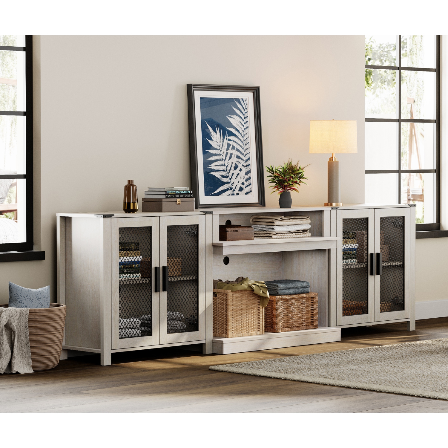 WAMPAT 2 in 1 TV Stand Set for 100 inch TV,Farmhouse Entertainment Center with 4 Mesh Door and Open Storage Shelves,Wood Media TV Console Table for