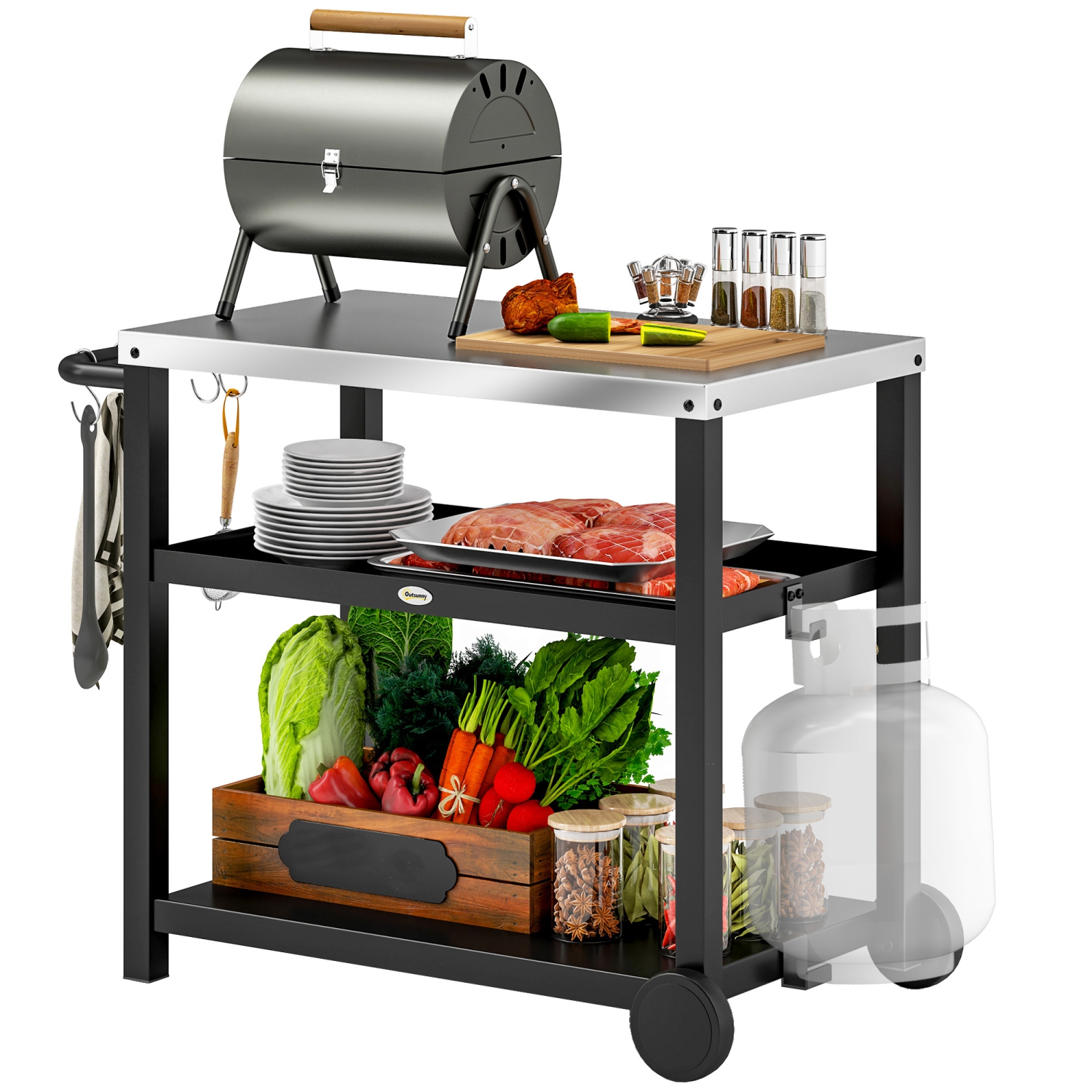 Outsunny 3-Shelf Outdoor Grill Dining Cart Pizza Oven Stand with Stainless Steel Top, Movable BBQ Food Prep Table Outdoor Kitchen Island with Hooks