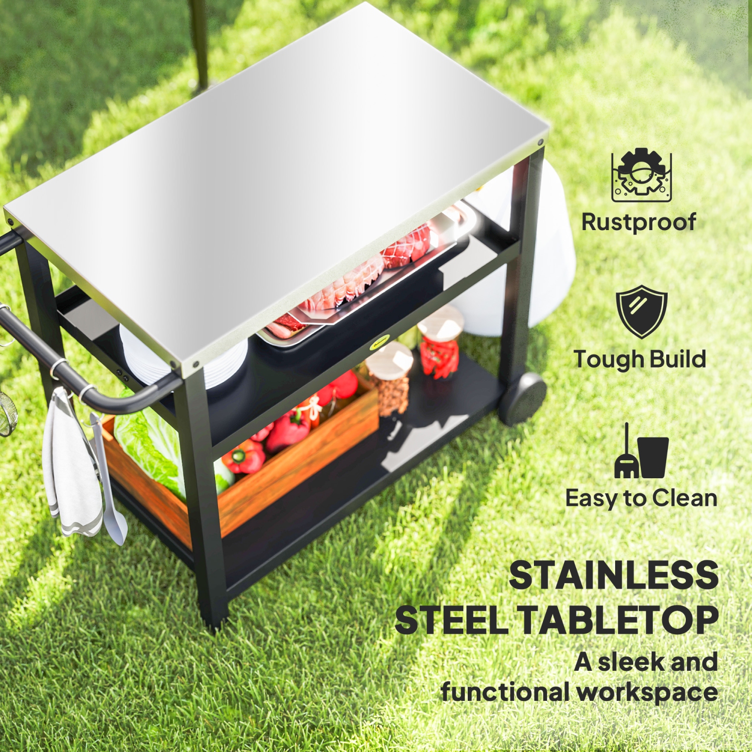 Outsunny 3-Shelf Outdoor Grill Dining Cart Pizza Oven Stand with Stainless Steel Top, Movable BBQ Food Prep Table Outdoor Kitchen Island with Hooks
