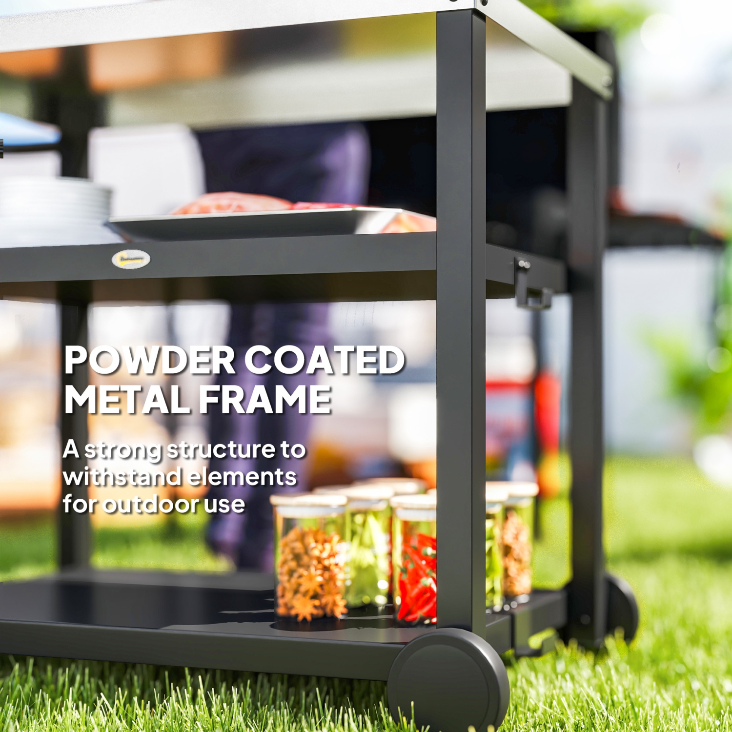 Outsunny 3-Shelf Outdoor Grill Dining Cart Pizza Oven Stand with Stainless Steel Top, Movable BBQ Food Prep Table Outdoor Kitchen Island with Hooks