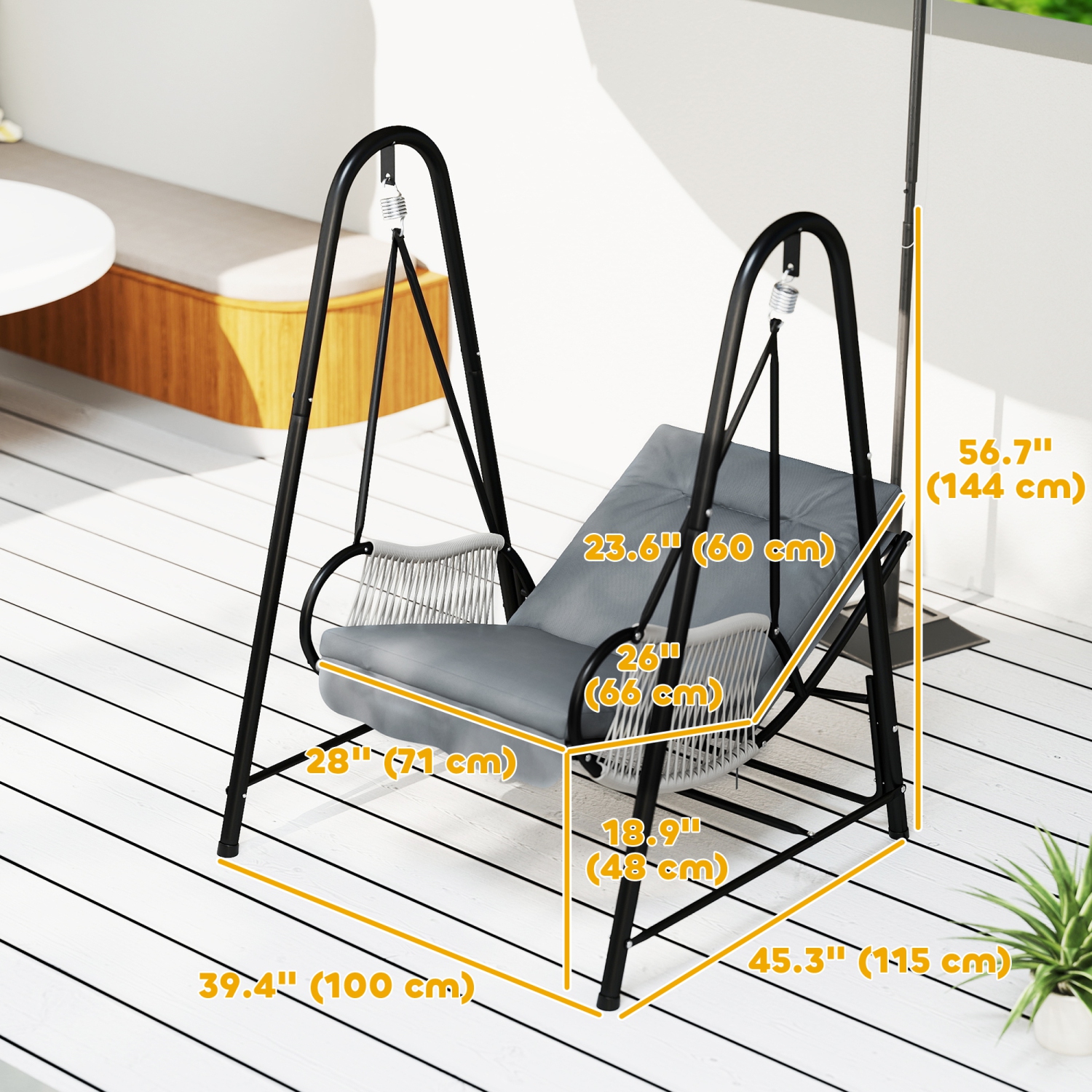Outsunny Rattan Hammock Chair with Stand Included, Hanging Swing Chair with Stand and Seat Cushion, Single Outdoor Porch Swing for Garden, Porch,
