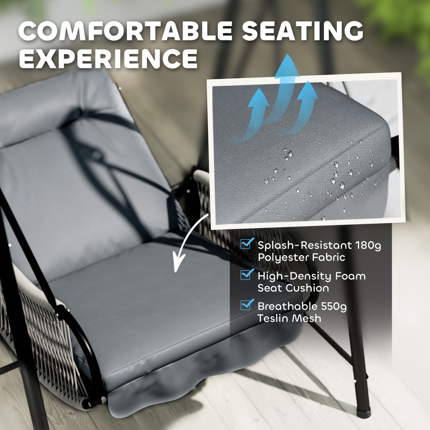 Outsunny Rattan Hammock Chair with Stand Included, Hanging Swing Chair with Stand and Seat Cushion, Single Outdoor Porch Swing for Garden, Porch,