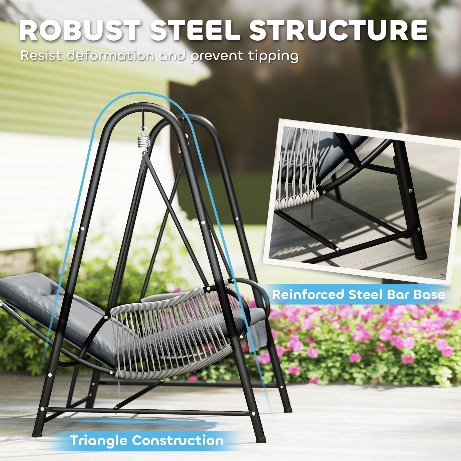 Outsunny Rattan Hammock Chair with Stand Included, Hanging Swing Chair with Stand and Seat Cushion, Single Outdoor Porch Swing for Garden, Porch,