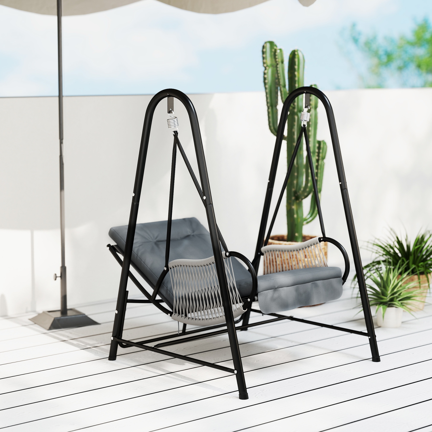 Outsunny Rattan Hammock Chair with Stand Included, Hanging Swing Chair with Stand and Seat Cushion, Single Outdoor Porch Swing for Garden, Porch,