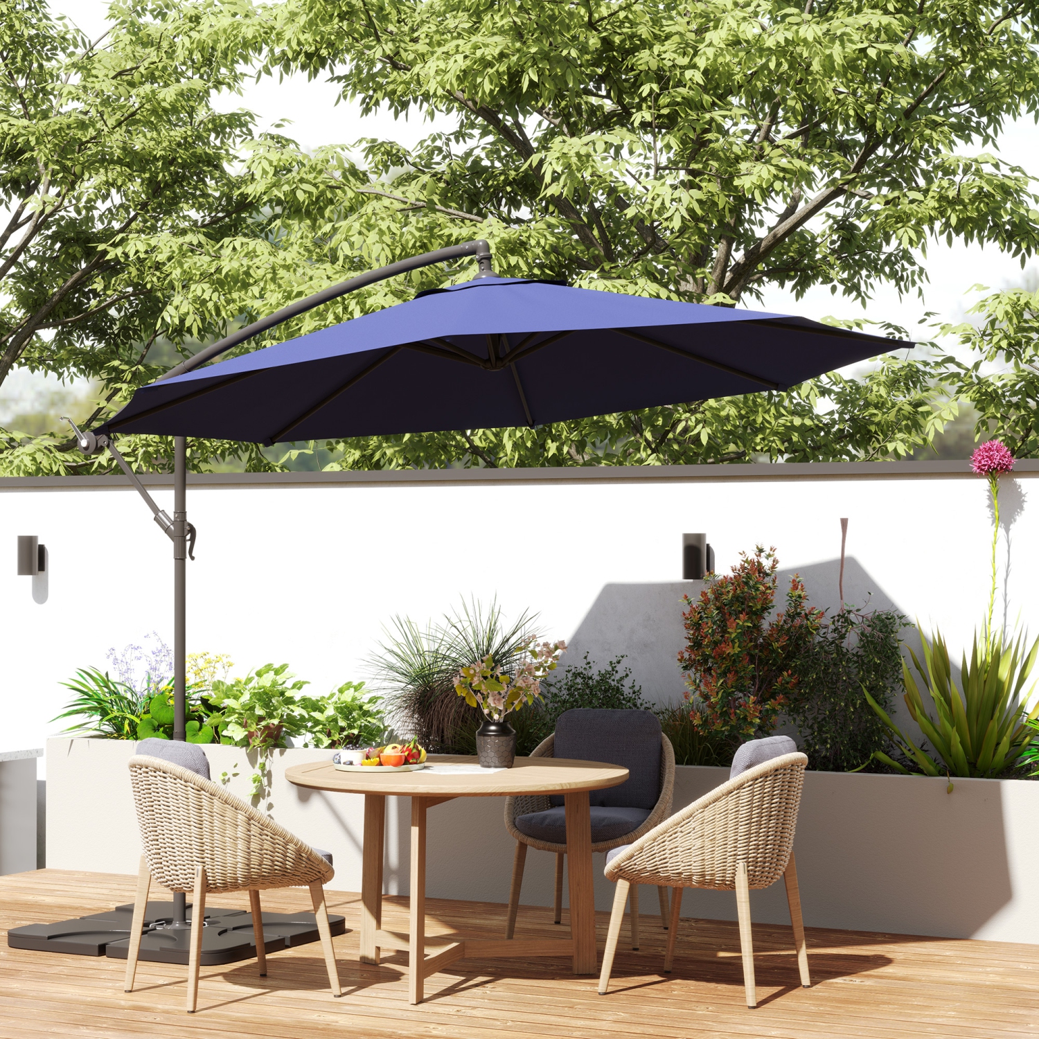 Outsunny 9.6ft Offset Patio Umbrella with Base, Garden Hanging Parasol with Crank, Banana Cantilever Umbrella Sun Shade, Navy Blue