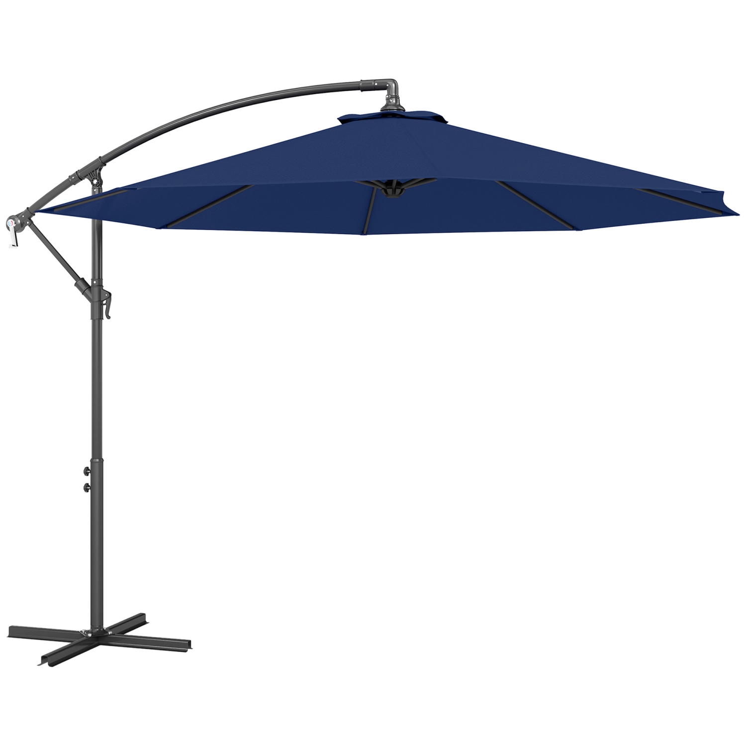 Outsunny 10' Deluxe Patio Umbrella, Outdoor Market Parasol, Banana Hanging Offset Sunshade with Crank, Cross Base, Navy Blue
