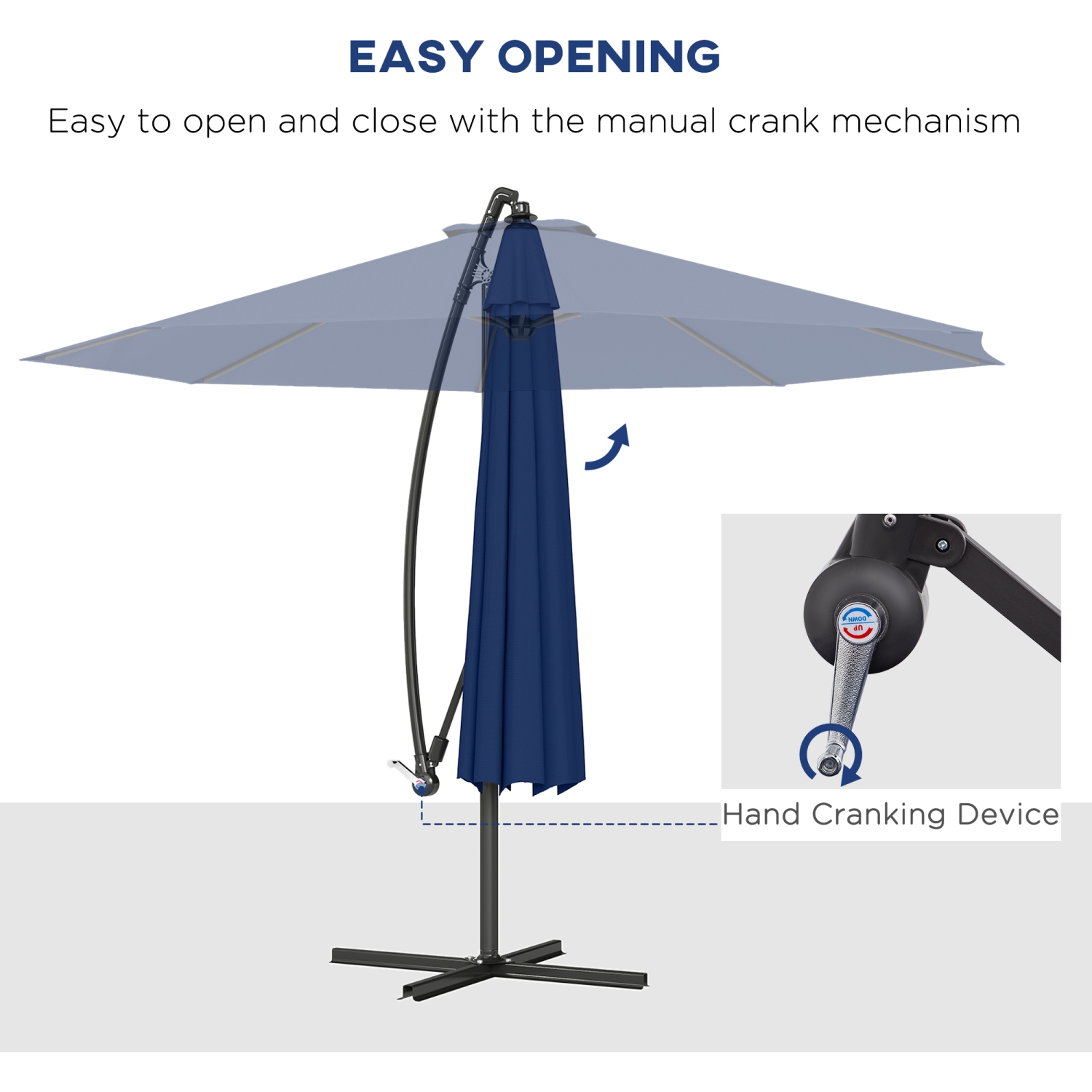 Outsunny 10' Deluxe Patio Umbrella, Outdoor Market Parasol, Banana Hanging Offset Sunshade with Crank, Cross Base, Navy Blue