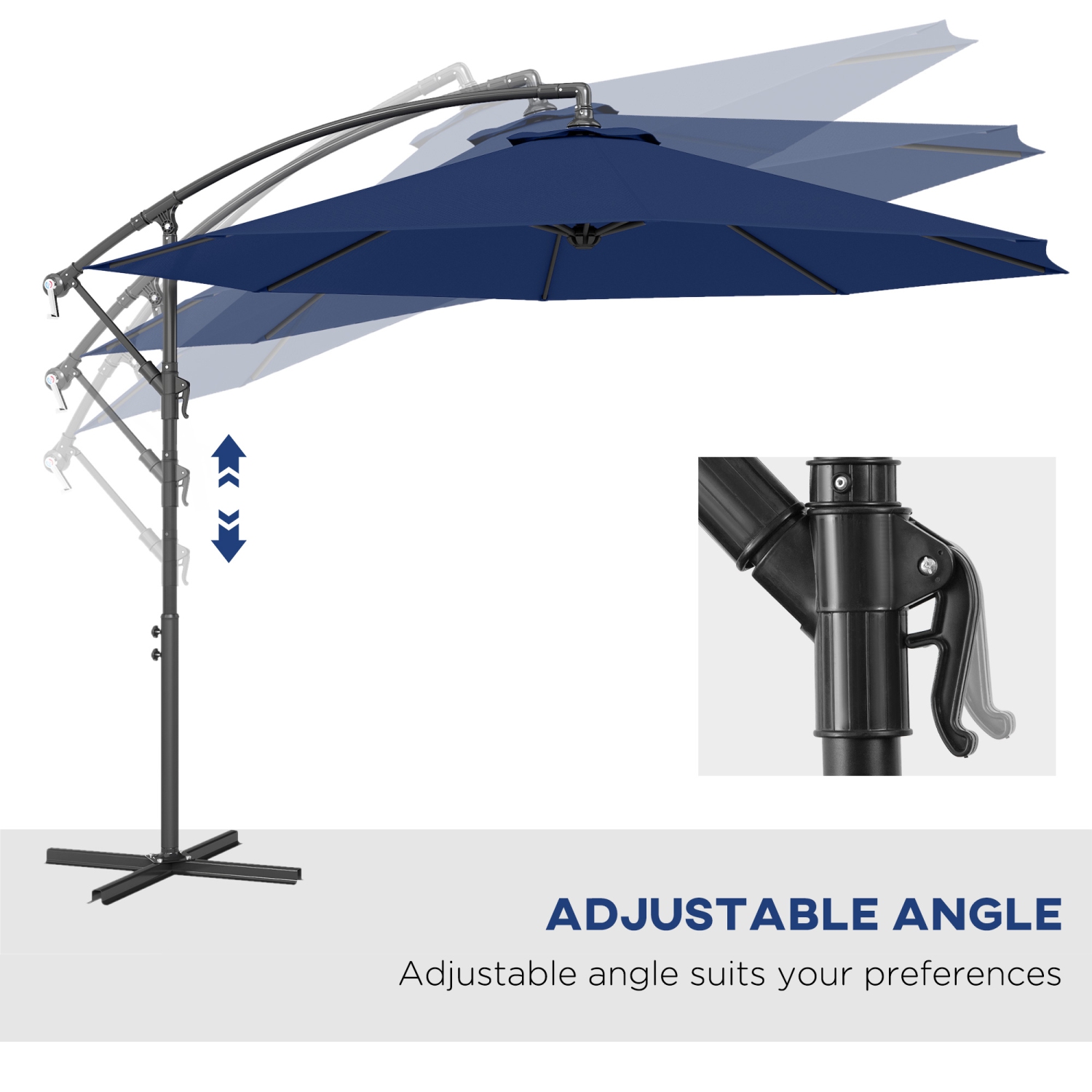 Outsunny 10' Deluxe Patio Umbrella, Outdoor Market Parasol, Banana Hanging Offset Sunshade with Crank, Cross Base, Navy Blue
