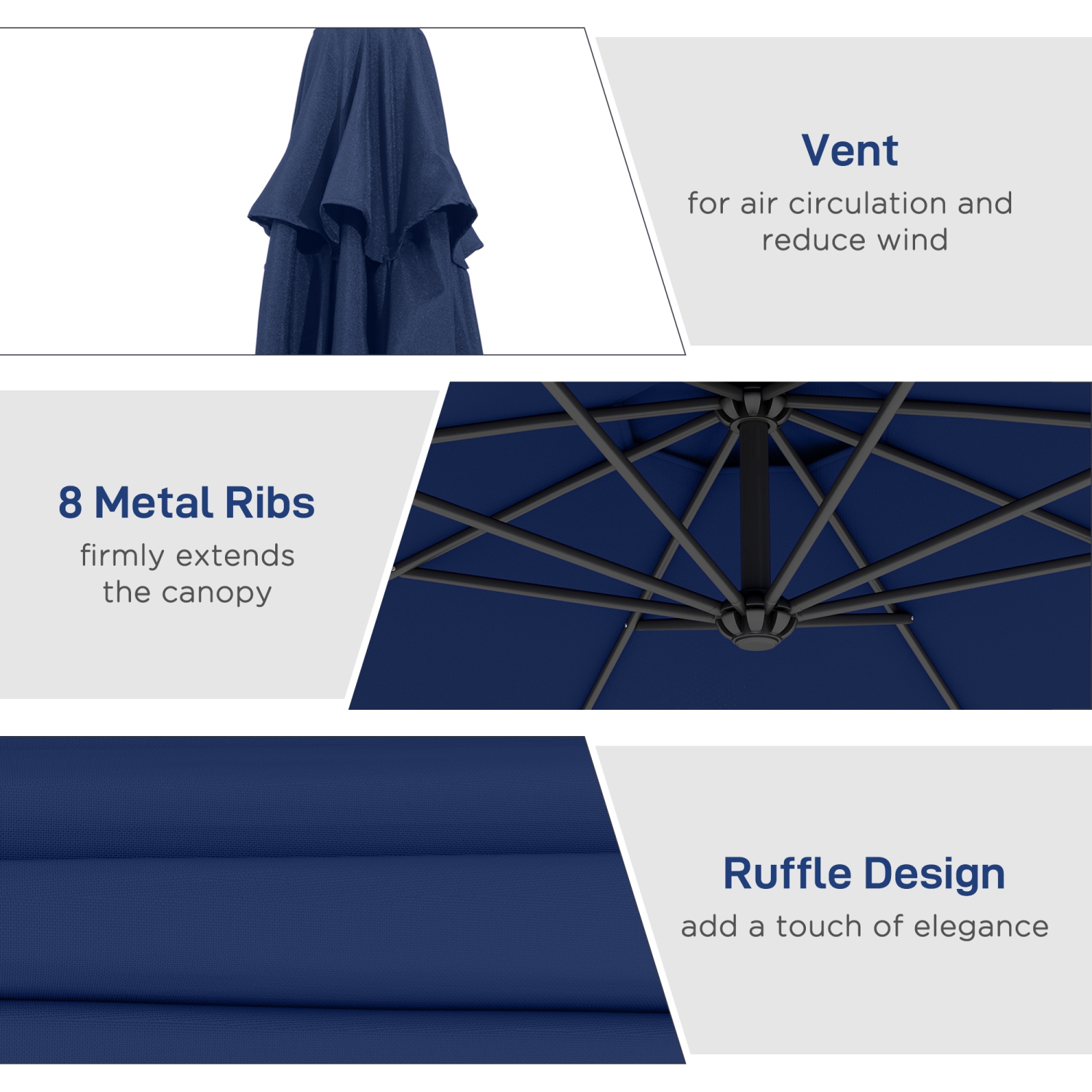 Outsunny 10' Deluxe Patio Umbrella, Outdoor Market Parasol, Banana Hanging Offset Sunshade with Crank, Cross Base, Navy Blue