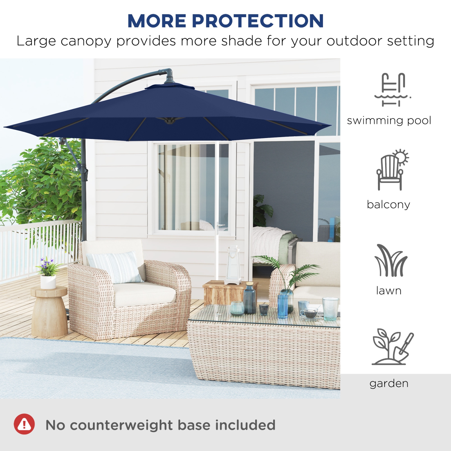 Outsunny 10' Deluxe Patio Umbrella, Outdoor Market Parasol, Banana Hanging Offset Sunshade with Crank, Cross Base, Navy Blue
